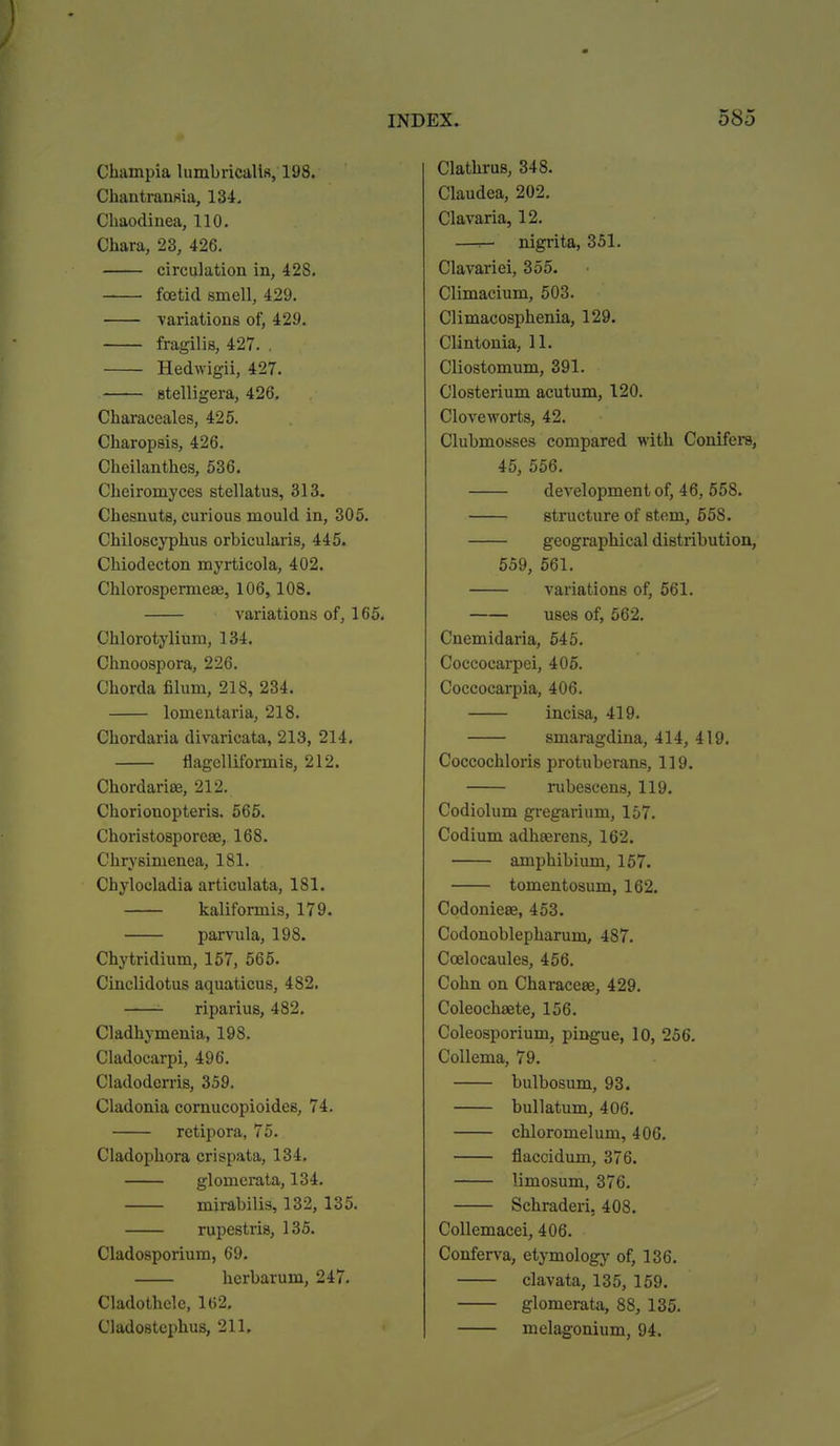 Champia lumbricalls, 198. Chantranfiia, 134. Chaodinea, 110. Chara, 23, 426. circulation in, 428. foetid smell, 429. variations of, 429. fragilis, 427. . Hedwigii, 427. stelligera, 426. Characeales, 425. Charopsis, 426. Cheilanthes, 536, Cheiromyces stellatus, 313. Chesnuts, curious mould in, 305. Chiloscyphus orbicularis, 445. Chiodecton myrticola, 402. Chlorospermese, 106, 108. variations of, 165. Chlorotylium, 134. Chnoospora, 226. Chorda filum, 218, 234. lomentaria, 218. Chordaria divaricata, 213, 214. flagclliformis, 212. Chordarise, 212. Chorionopteria. 565. Choristosporeae, 168. Chrysimenea, 181. Cbylocladia articulata, 181. kaliformis, 179. parvula, 198. Chytridium, 157, 565. Cinclidotus aquaticus, 482. riparius, 482. Cladhymenia, 198. Cladocarpi, 496. Cladodcrris, 359. Cladonia cornucopioides, 74. retipora, 75. Cladopbora crispata, 134. glomerata, 134. mirabilis, 132, 135. rupestris, 135. Cladosporiura, 69. herbarum, 247. Cladothclc, 162, Cladostcpbus, 211. Clatbi-us, 348. Claudea, 202, Clavaria, 12. —^ nigrita, 351. Clavariei, 355. Climacium, 503. Climacosphenia, 129, Clintonia, 11. Cliostomum, 391. Closterium acutum, 120. Cloveworts, 42. ClubmoBses compared with Conifei-s, 45, 556. development of, 46, 558. structure of stem, 558. geographical distribution, 559, 561. variations of, 561. uses of, 562. Cnemidaria, 545. Coccocarpei, 405. Coccocarpia, 406. incisa, 419. smaragdina, 414, 419. Coccochloris protuberans, 119. rubescens, 119. Codiolum gregarium, 157. Codium adhaerens, 162. amphibium, 157. tomentosum, 162. Codonieee, 453. Codonoblepharum, 487. Coelocaules, 456. Cohn on Characese, 429. Coleochaete, 156. Coleosporium, pingue, 10, 256. CoUema, 79. bulbosum, 93. buUatum, 406. chloromelum, 406. flaccidum, 376. limosum, 376. Schraderi. 408. Collemacei, 406. Conferva, etymology of, 136, clavata, 135, 159. glomerata, 88, 135. melagonium, 94.