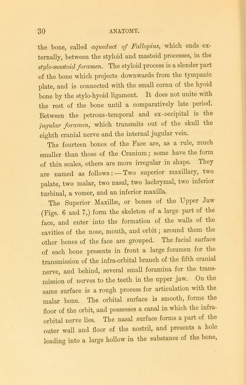 the bone, called aqueduct of Fallopius, which ends ex- ternally, between the styloid and mastoid processes, in the stylo-mastoid foramen. The styloid process is a slender part of the bone which projects downwards from the tympanic plate, and is connected with the small cornu of the hyoid bone by the stylo-hyoid ligament. It does not unite with the rest of the bone until a comparatively late period. Between the petrous-temporal and ex-occipital is the jugular foramen, which transmits out of the skull the eighth cranial nerve and the internal jugular vein. The fourteen bones of the Face are, as a rule, much smaller than those of the Cranium; some have the form of thin scales, others are more irregular in shape. They are named as follows: — Two superior maxillary, two palate, two malar, two nasal, two lachrymal, two inferior turbinal, a vomer, and an inferior maxilla. The Superior Maxillae, or bones of the Upper Jaw (Figs. 6 and 7,) form the skeleton of a large part of the face, and enter into the formation of the walls of the cavities of the nose, mouth, and orbit; around them the other bones of the face are grouped. The facial surface of each bone presents in front a large foramen for the transmission of the infra-orbital branch of the fifth cranial nerve, and behind, several small foramina for the trans- mission of nerves to the teeth in the upper jaw. On the same surface is a rough process for articulation with the malar bone. The orbital surface is smooth, forms the floor of the orbit, and possesses a canal in which the infra- orbital nerve lies. The nasal surface forms a part of the outer wall and floor of the nostril, and presents a hole leading into a large hollow in the substance of the bone,