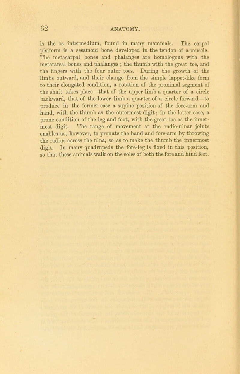 is the os intermedium, found in many mammals. The carpal pisiform is a sesamoid hone developed in the tendon of a muscle. The metacarpal hones and phalanges are homologous with the metatarsal hones and phalanges ; the thumb with the great toe, and the fingers with the four outer toes. During the growth of the limbs outward, and their change from the simple lappet-like form to their elongated condition, a rotation of the proximal segment of the shaft takes place—that of the upper limb a quarter of a circle backward, that of the lower limb a quarter of a circle forward—to produce in the former case a supine position of the fore-arm and hand, with the thumb as the outermost digit; in the latter case, a prone condition of the leg and foot, with the great toe as the inner- most digit. The range of movement at the radio-ulnar joints enables us, however, to pronate the hand and fore-arm by throwing the radius across the ulna, so as to make the thumb the innermost digit. In many quadrupeds the fore-leg is fixed in this position, so that these animals walk on the soles of both the fore and hind feet.