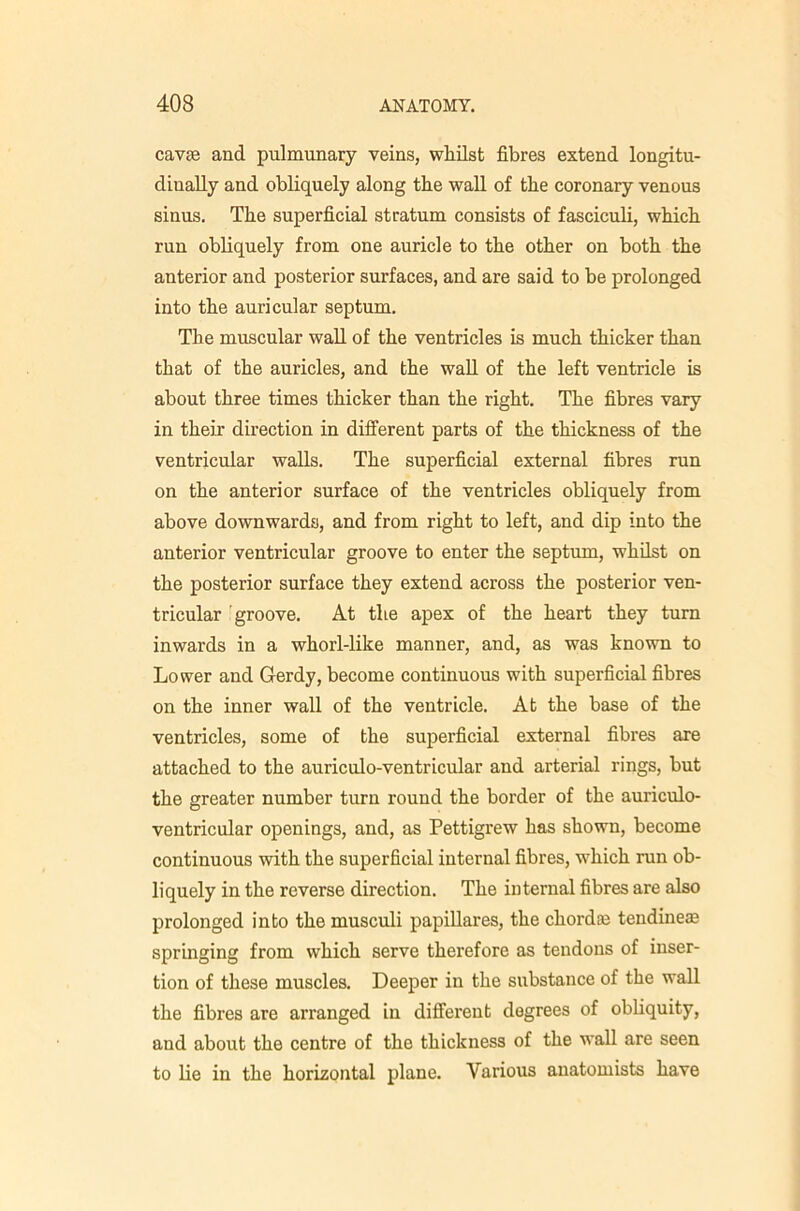 cavae and pulmunary veins, whilst fibres extend longitu- dinally and obliquely along the waU of the coronary venous sinus. The superficial stratum consists of fasciculi, which run obliquely from one auricle to the other on both the anterior and posterior surfaces, and are said to be prolonged into the auricular septum. The muscular waU of the ventricles is much thicker than that of the auricles, and the waU of the left ventricle is about three times thicker than the right. The fibres vary in their direction in different parts of the thickness of the ventricular walls. The superficial external fibres run on the anterior surface of the ventricles obliquely from above downwards, and from right to left, and dip into the anterior ventricular groove to enter the septum, whilst on the posterior surface they extend across the posterior ven- tricular 'groove. At the apex of the heart they turn inwards in a whorl-like manner, and, as was known to Lower and Gerdy, become continuous with superficial fibres on the inner wall of the ventricle. At the base of the ventricles, some of the superficial external fibres are attached to the auriculo-ventricular and arterial rings, but the greater number turn round the border of the auriculo- ventricular openings, and, as Pettigrew has shown, become continuous with the superficial internal fibres, which run ob- liquely in the reverse direction. The internal fibres are also prolonged into the musculi papiUares, the chordm tendineae springing from which serve therefore as tendons of inser- tion of these muscles. Deeper in the substance of the wall the fibres are arranged in different degrees of obliquity, and about the centre of the thickness of the wall are seen to lie in the horizontal plane. Various anatomists have