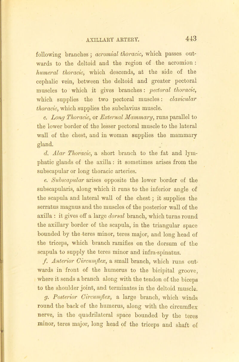 following branches j acromial thoracic, which passes out- wards to the deltoid and the region of the acromion : humeral thoracic, which descends, at the side of the cephalic vein, between the deltoid and greater pectoral muscles to which it gives branches: pectoral thoracic, which supplies the two pectoral muscles: clavicular thwacic, which supplies the subclavius muscle. c. Long Thoracic, or External Mammary, runs parallel to the lower border of the lesser pectoral muscle to the lateral wall of the chest, and in woman supplies the mammary gland. d. Alar Thoracic, a short branch to the fat and lym- phatic glands of the axOla: it sometimes arises from the subscapular or long thoracic arteries. e. Subscapular arises opposite the lower border of the subscapularis, along which it runs to the inferior angle of the scapula and lateral waU of the chest j it supplies the serratus magnus and the muscles of the posterior wall of the axilla : it gives off a large dorsal branch, which turns round the axillary border of the scapula, in the triangular space bounded by the teres minor, teres major, and long head of the triceps, which branch ramifies on the dorsum of the scapula to supply the teres minor and infra-spinatus. /. Anterior Circumflex, a small branch, which runs out- wards in front of the humerus to the bicipital groove, where it sends a branch along with the tendon of tlie biceps to the shoulder joint, and terminates in the deltoid muscle. g. Posterior Circumflex, a large branch, which winds round the back of the humerus, along with the circumflex nerve, in the quadrilateral space bounded by the teres minor, teres major, long head of the triceps and shaft o[