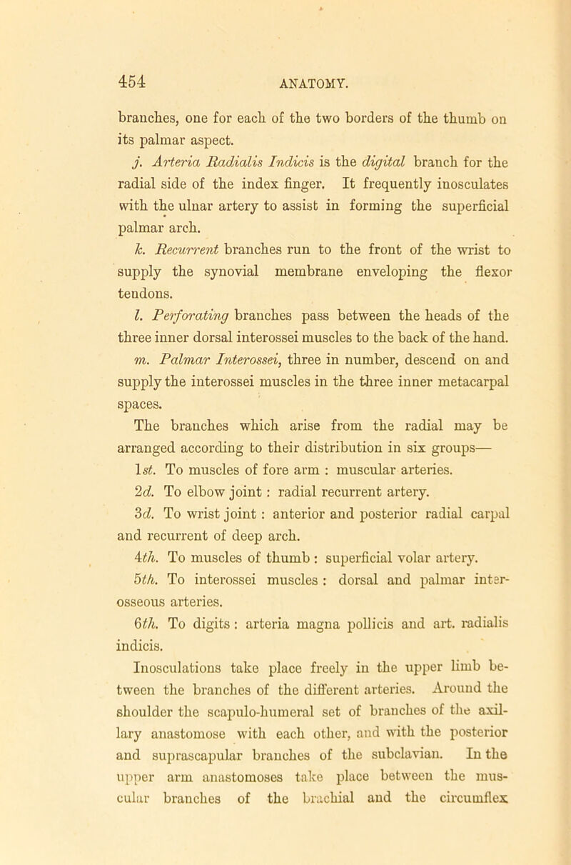 brauches, one for each of the two borders of the thumb on its palmar aspect. j. Arteria Radialis Indicis is the digital branch for the radial side of the index finger. It frequently inosculates with the ulnar artery to assist in forming the superficial palmar arch. k. Recurrent branches run to the front of the wrist to supply the synovial membrane enveloping the flexor tendons. l. Perforating branches pass between the heads of the three inner dorsal interossei muscles to the back of the hand. m. Palmar Interossei, three in number, descend on and supply the interossei muscles in the three inner metacarpal spaces. The branches which arise from the radial may be arranged according to their distribution in six groups— Isi. To muscles of fore arm : muscular arteries. 2cf. To elbow joint: radial recurrent artery. 2>d. To wrist joint: anterior and posterior radial carpal and recurrent of deep arch. Aith. To muscles of thumb : superficial volar artery. bth. To interossei muscles : dorsal and palmar inter- osseous arteries. 6^7t. To digits: arteria magna pollicis and art. radialis indicis. Inosculations take place freely in the upper limb be- tween the branches of the different arteries. Around the shoulder the scapulo-humeral set of branches of the axil- lary anastomose with each other, and with the posterior and suprascapular branches of the subclavian. In the upper arm anastomoses take place between the mus- cular branches of the brachial and the circumflex