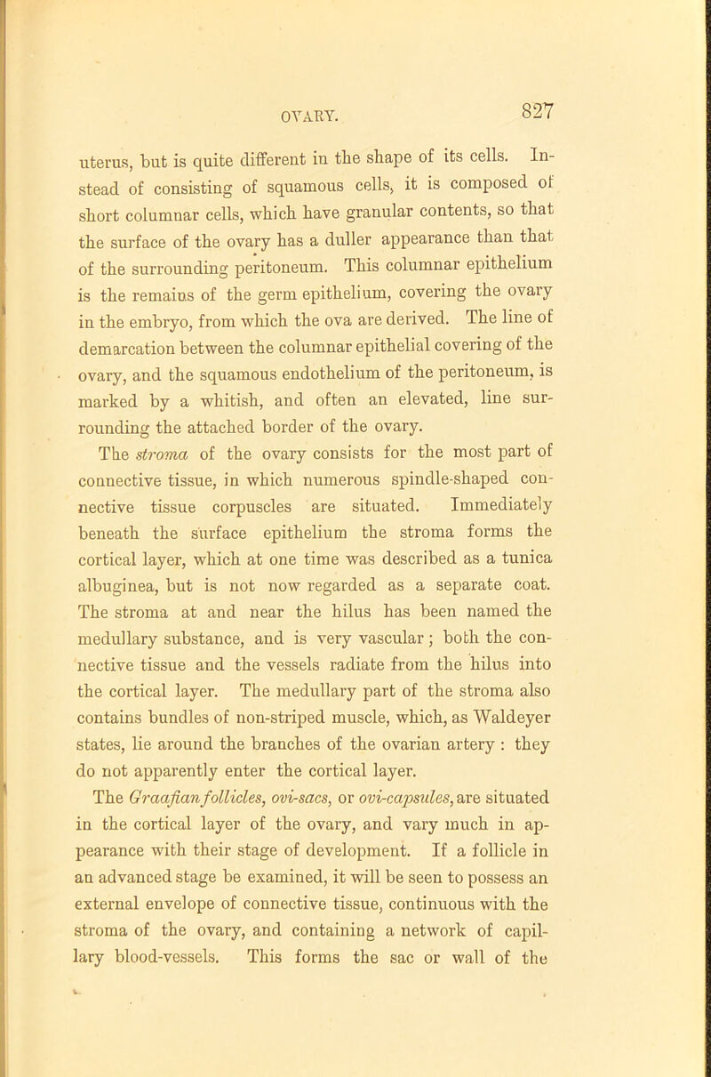 OYAEY. uterus, but is quite different in the shape of its cells. In- stead of consisting of squamous cells, it is composed of short columnar cells, which have granular contents, so that the surface of the ovary has a duller appearance than that of the surrounding peritoneum. This columnar epithelium is the remains of the germ epithelium, covering the ovary in the embryo, from which the ova are derived. The line of demarcation between the columnar epithelial covering of the ovary, and the squamous endothelium of the peritoneum, is marked by a whitish, and often an elevated, line sur- rounding the attached border of the ovary. The stroma of the ovary consists for the most part of connective tissue, in which numerous spindle-shaped con- nective tissue corpuscles are situated. Immediately beneath the surface epithelium the stroma forms the cortical layer, which at one time was described as a tunica albuginea, but is not now regarded as a separate coat. The stroma at and near the hilus has been named the medullary substance, and is very vascular; both the con- nective tissue and the vessels radiate from the hilus into the cortical layer. The medullary part of the stroma also contains bundles of non-striped muscle, which, as Waldeyer states, lie around the branches of the ovarian artery ; they do not apparently enter the cortical layer. The Graafian follicles, ovi-sacs, or ovi-capsules,situated in the cortical layer of the ovary, and vary much in ap- pearance with their stage of development. If a follicle in an advanced stage be examined, it will be seen to possess an external envelope of connective tissue, continuous with the stroma of the ovary, and containing a network of capil- lary blood-vessels. This forms the sac or wall of the