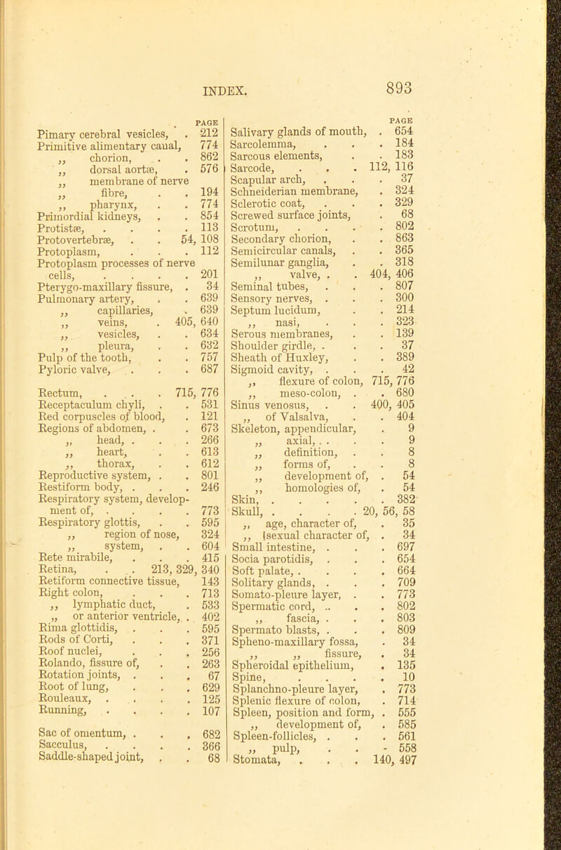 Pimary cerebral vesicles, . 212 Primitive alimentary canal, 774 ,, chorion, . . 862 ,, dorsal aortas, . 676 ,, membrane of nerve „ fibre, . . 194 ,, pharynx, . .774 Primordial kidneys, . . 854 Protistie, .... 113 Protovertebrse, . . 64, 108 Protoplasm, . . . 112 Protoplasm processes of nerve cells, . . . .201 Pterygo-maxillary fissure, . 34 Pulmonary artei-y, . . 639 ,, capillaries, . 639 „ veins, . 405, 640 ,, vesicles, . . 634 ,, pleura, . . 632 Pulp of the tooth, . . 767 Pyloric valve, . . . 687 Rectum, . . . 715, 776 Receptaculum chyli, . . 531 Red corpuscles of blood, . 121 Regions of abdomen, . . 673 ,, head, . . . 266 ,, heart, . . 613 ,, thorax, . . 612 Reproductive system, . . 801 Restiform body, . . . 246 Respiratory system, develop- ment of, . . . . 773 Respiratory glottis, . . 595 ,, region of nose, 324 ,, system, . . 604 Rete mirabUe, . . . 415 Retina, . . 213,329, 340 Retiform connective tissue, 143 Right colon, . . . 713 ,, lymphatic duct, . 533 „ or anterior ventricle, . 402 Rima glottidis, . . . 595 Rods of Corti, . . .371 Roof nuclei, . . . 256 Rolando, fissure of, . . 263 Rotation joints, ... 67 Root of lung, . . . 629 Rouleaux, .... 125 Running, . . . .107 Sac of omentum, . . . 682 Sacculus, .... 366 Saddle-shapedjoint, . . 68 Salivary glands of mouth. PAGE . 654 Sarcolemma, 184 Sarcous elements. 183 Sarcode, 112, 116 Scapular arch. 37 Schneiderian membrane. 324 Sclerotic coat. 329 Screwed surface joints. 68 Scrotum, 802 Secondary chorion. , 863 Semicircular canals. 365 Semilunar ganglia. 318 „ valve, . 404, 406 Seminal tubes. , 807 Sensory nerves, . . 300 Septum lucidum. . 214 ,, nasi. Serous membranes. , 323 139 Shoulder girdle, . 37 Sheath of Huxley, , 389 Sigmoid cavity, . . 42 ,, flexure of colon. 715, 776 ,, meso-colon, . , 680 Sinus venosus. 400, 405 „ of Valsalva, 404 Skeleton, appendicular. 9 ,, axial, . . 9 „ definition. 8 ,, forms of. 8 „ development of. , 54 ,, homologies of. , 54 Skin, .... 382 SkuU, . . . .20, 56, 58 ,, age, character of. 35 ,, (sexual character of. , 34 Small intestine, . 697 Socia parotidis, . • 654 Soft palate, . • 664 Solitary glands, . • 709 Somato-pleure layer, . . 773 Spermatic cord, .. , 802 ,, fascia, . 803 Spermato blasts, . • 809 Spheno-maxiUary fossa. 34 ,, ,, fissure. 34 Spheroidal epithelium. • 135 Spine, • 10 Splanchno-pleure layer. • 773 Splenic flexure of colon. 714 Spleen, position and form . • 555 ,, development of. . 585 Spleen-follicles, . , 561 „ pulp. - 558 Stomata, 140 497