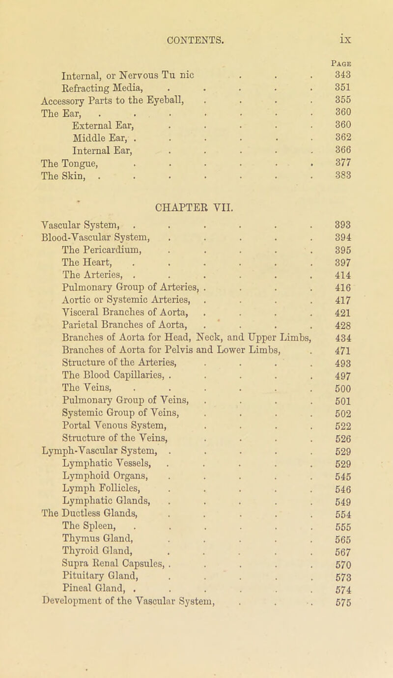 Page Internal, or Nervous Tu nic ... 343 Refracting Media, . . . . .351 Accessory Parts to the Eyeball, .... 355 The Ear, 360 External Ear, ..... 360 Middle Ear, ...... 362 Internal Ear, ..... 366 The Tongue, ...... 377 The Skin, 383 CHAPTER VII. Vascular System, ...... 393 Blood-Vascular System, ..... 394 The Pericardium, ..... 395 The Heart, ...... 397 The Arteries, ...... 414 Pulmonary Group of Arteries, .... 416 Aortic or Systemic Arteries, . . . .417 Visceral Branches of Aorta, .... 421 Parietal Branches of Aorta, . . . 428 Branches of Aorta for Head, Neck, and Upper Limbs, 434 Branches of Aorta for Pelvis and Lower Limbs, . 471 Structure of the Arteries, . . . .493 The Blood Capillaries, ..... 497 The Veins, ...... 500 Pulmonary Group of Veins, .... 501 Systemic Group of Veins, .... 502 Portal Venous System, .... 522 Structure of the Veins, .... 526 Lymph-Vascular System, ..... 529 Lymphatic Vessels, ..... 529 Lymphoid Organs, ..... 545 Lymph Follicles, ..... 546 Lymphatic Glands, ..... 549 The Ductless Glands, ..... 554 The Spleen, ...... 555 Thymus Gland, ..... 565 Thyroid Gland, ..... 567 Supra Renal Capsules, ..... 570 Pituitary Gland, ..... 573 Pineal Gland, ...... 574 Development of the Vascular System, . . . 575