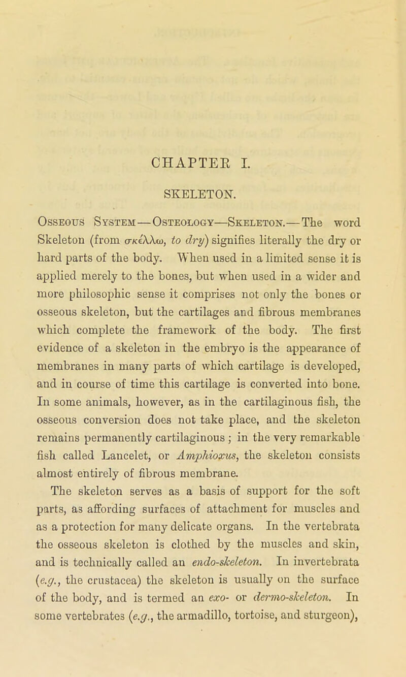 CHAPTER I. SKELETON. Osseous System—Osteology—Skeleton.—The word Skeleton (from o-KeXXxo, to dry) signifies literally the dry or hard parts of the body. When used in a limited sense it is applied merely to the bones, but when used in a wider and more philosophic sense it comprises not only the bones or osseous skeleton, but the cartilages and fibrous membranes which complete the framework of the body. The first evidence of a skeleton in the embryo is the appearance of membranes in many parts of which cartilage is developed, and in course of time this cartilage is converted into bone. In some animals, however, as in the cartilaginous fish, the osseous conversion does not take place, and the skeleton remains permanently cartilaginous ; in the very remarkable fish called Lancelet, or Ampliioxm, the skeleton consists almost entirely of fibrous membrane. The skeleton serves as a basis of support for the soft parts, as affording surfaces of attachment for muscles and as a protection for many delicate organs. In the vertebx-ata the osseous skeleton is clothed by the muscles and skin, and is technically called an endo-sJceleton. In invertebrata (e.g., the Crustacea) the skeleton is usually on the surface of the body, and is termed an exo- or dermo-skeleton. In some vertebrates (e.gthe armadillo, tortoise, and sturgeon),