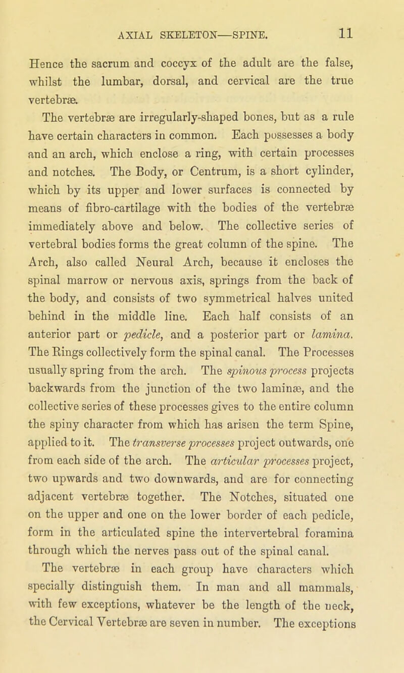 Hence the sacrum and coccyx of the adult are the false, whilst the lumbar, dorsal, and cervical are the true vertebrae. The vertebrae are irregularly-shaped bones, but as a rule have certain characters in common. Each possesses a body and an arch, which enclose a ring, with certain processes and notches. The Body, or Centrum, is a short cylinder, which by its upper and lower surfaces is connected by means of fibro-cartilage with the bodies of the vertebrae immediately above and below. The collective series of vertebral bodies forms the great column of the spine. The Arch, also called Neural Arch, because it encloses the spinal marrow or nervous axis, springs from the back of the body, and consists of two symmetrical halves united behind in the middle line. Each half consists of an anterior part or pedicle, and a posterior part or lamina. The Rings collectively form the spinal canal. The Processes usually spring from the arch. The spinous process projects backwards from the junction of the two laminae, and the collective series of these processes gives to the entire column the spiny character from which has arisen the term Spine, applied to it. The transverse processes project outwards, one from each side of the arch. The articular processes project, two upwards and two downwards, and are for connecting adjacent vertebrae together. The Notches, situated one on the upper and one on the lower border of each pedicle, form in the articulated spine the intervertebral foramina through which the nerves pass out of the spinal canal. The vertebrae in each group have characters which specially distinguish them. In man and all mammals, with few exceptions, whatever be the length of the neck, the Cervical Vertebrae are seven in number. The exceptions