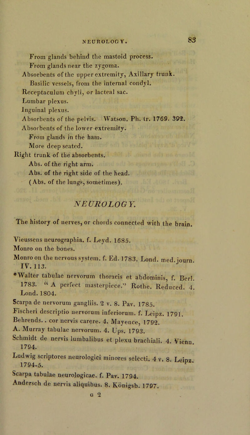 NEUJlOLOCr Y. From glands behind the mastoid process. From glands near the zygoma. Absorbents of the upper extremity, Axillary trunk. Basilic vessels, from the internal condyl. Receptaculum chyli, or lacteal sac. Lumbar plexus. Inguinal plexus. Absorbents of the pelvis. Watson. Ph. tr. 1769. 392. Absorbents of the lower extremity. From glands in the ham. More deep seated. Right trunk of the absorbents. Abs. of the right arm. Abs. of the right side of the head. (Abs. of the lungs, sometimes). NEUROLOGY. The history of nerves, or chords connected with the brain. Vieussens neurographia. f. Leyd. 1685. Monro on the bones. Monro on the nervous system, f. Ed. 1783. Lond. med journ IV. 113. ♦Walter tabulae nervorum thoracis et abdominis, f. Berl. 1783. “ A perfect masterpiece.” Rothe. Reduced. 4. Lond.1804. Scarpa de nervorum gangliis. 2 v. 8. Pav. 1785. Fischeri descriptio uervorum inferiorum. f. Leipz. 1791. Behrends.. cor nervis carere. 4. Mayence, 1792. A. Murray tabulae nervorum. 4. Ups. 1793. Schmidt de nervis lumbalibus et plexu brachiali. 4 Vienn 1794. Ludwig scriptores neurologici minores selecti. 4 v. 8 Leioz 1794-5. V ' Scarpa tabulae neurojogicae. f. Pav. 1794. Andersch de nervis aliquibus. 8. Konigsb. 1797. a 2