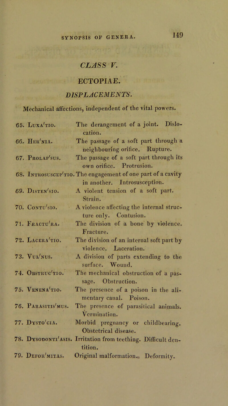 CLASS V. ECTOPIAE. DISPLACEMENTS. Mechanical affections, independent of the vital powers. 65. Luxa'tio. The derangement of a joint. Dislo- cation. 66. Hijr'nia. The passage of a soft part through a neighbouring orifice. Rupture. 67. Prolap'sus. The passage of a soft part through its own orifice. Protrusion. 68. Introsuscep'tio. The engagement of one part of a cavity in another. Introsusception. A violent tension of a soft part. Strain. A violence affecting the internal struc- ture only. Contusion. The division of a bone by violence. Fracture. The division of an internal soft part by violence. Laceration. A division of parts extending to the surface. Wound. The mechanical obstruction of a pas- sage. Obstruction. The presence of a poison in the ali- mentary canal. Poison. 76. Parasxtis'mus. The presence of parasitical animals. Vermination. 77. Dysto'cia. Morbid pregnancy or childbearing. Obstetrical disease. 78. Dysodontx'asis. Irritation from teething. Difficult den- tition. 79. Defor'mxtAs. Original malformation. Deformity. 69. Dxsten'sio. 70. Contu'sio. 71. Fractu'ra. 72. Lacera'tio. 73. VWnus. 74. Obstruc'txo. 75. Venena'txo.