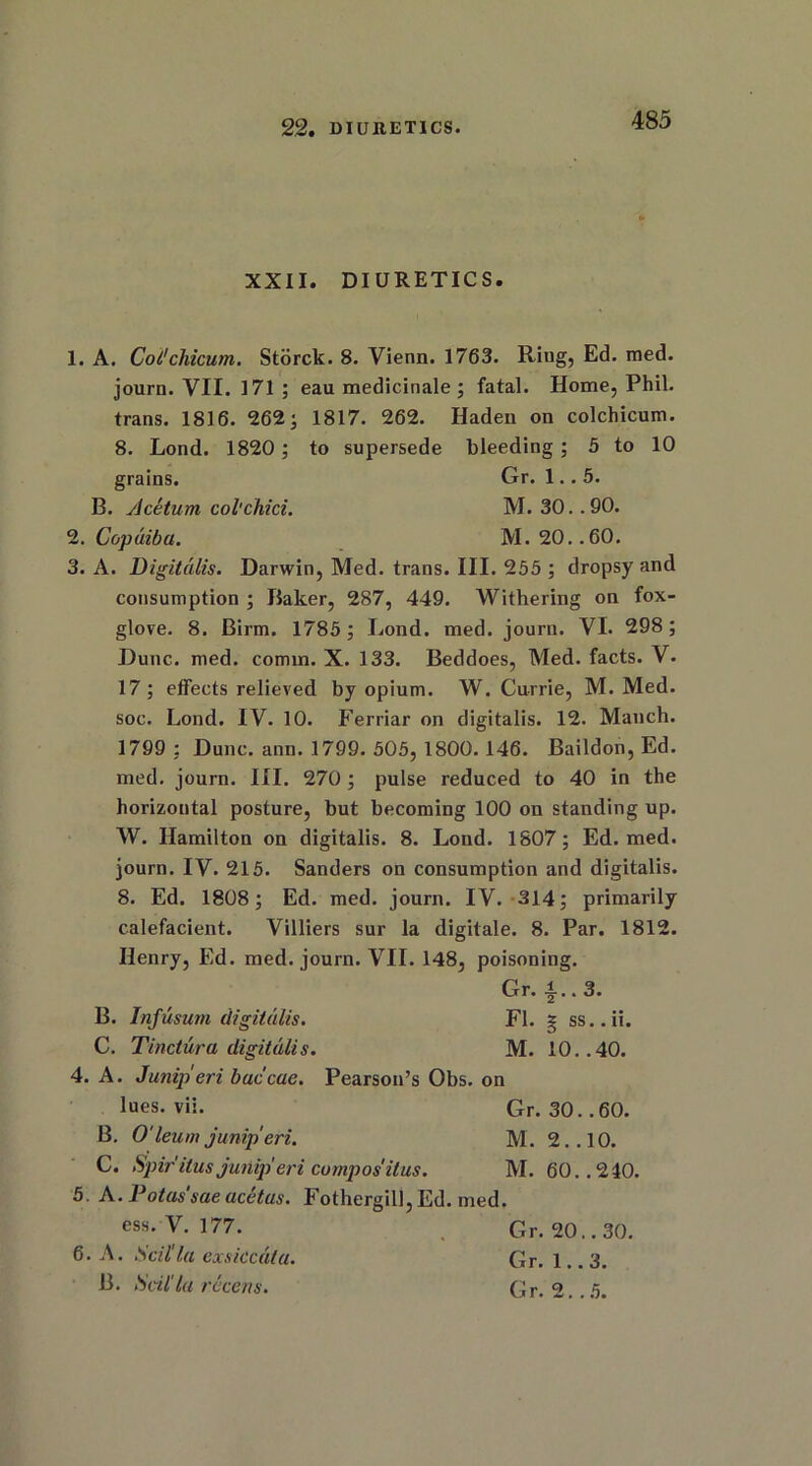 22. DIURETICS. XXII. DIURETICS 1. A. Coi'chicum. Storck. 8. Vienn. 1763. Ring, Ed. med. journ. VII. 171; eau medicinale ; fatal. Home, Phil, trans. 1816. 262; 1817. 262. Haden on colchicum. 8. Lond. 1820; to supersede bleeding; 5 to 10 3. A. Digitalis. Darwin, Med. trans. III. 255 ; dropsy and consumption ; Baker, 287, 449. Withering on fox- glove. 8. Birin. 1785; Lond. med. journ. VI. 298; Dune. med. comm. X. 133. Beddoes, Med. facts. V. 17 ; effects relieved by opium. W. Currie, M. Med. soc. Lond. IV. 10. Ferriar on digitalis. 12. Manch. 1799 : Dune. ann. 1799. 505, 1800. 146. Baildon, Ed. med. journ. III. 270 ; pulse reduced to 40 in the horizontal posture, but becoming 100 on standing up. W. Hamilton on digitalis. 8. Lond. 1807; Ed. med. journ. IV. 215. Sanders on consumption and digitalis. 8. Ed. 1808; Ed. med. journ. IV. 314; primarily calefacient. Villiers sur la digitale. 8. Par. 1812. Henry, Ed. med. journ. VII. 148, poisoning. grains. B. Acetum col'chici. 2. Copaiba. Gr. 1.. 5. M. 30. .90. M. 20. .60. B. Infusum digitalis. C. Tinctura digitalis. Gr. i.. 3. Fl. g ss.. ii. M. 10.. 40. 4. A. Juniperi bue'eae. Pearson’s Obs. on lues. vii. Gr. 30. .60. M. 2.. 10. M. 60.. 210. B. O'leum juniperi. C. Spir itus junip eri curnpos'itus. 5. A. Potas'sae acetus. Fothergill, Ed. med. ess. V. 177. Gr. 20.. 30. Gr. 1.. 3. Gr. 2. .5. 6. A. Scil'la exsiccuta. B. Scil'la recens.