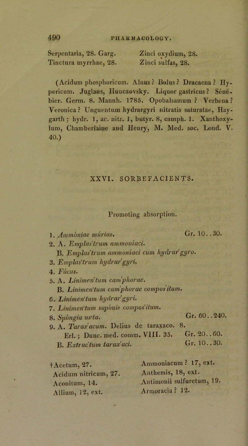 Serpentaria, 28. Garg. Zinci oxydium, 28. Tinctura myrrhae, 28. Zinci sulfas, 28. (Acidum phosphoricum. Alnus ? Bolus? Dracaena? Hy- pericum. Juglans, Huuczovsky. Liquor gastricus ? Sene- bier. Germ. 8. Mannh. 1785. Opobalsamum ? Verbena? Veronica? Unguentum hydrargyri nitratis saturatae, Hay- garth; hydr. 1, ac. nitr. 1, butyr. 8, camph. 1. Xanthoxy- lum, Chamberiaine and Henry, M. Med. soc. Lond. V. 40.) XXVI. SORBEFACIENTS. Promoting absorption. ]. Ammoniae murias. Gr. 10. .30. 2. A. Emplas'trum ammomaci. B. Emplas'trum ammoniuci cum hydrar gyro. 3. Emplas'trum hydrargyri. 4. Fucus. 5. A. Linimen'tum cam'phorae. B. Linimen'tum cam'phorae compos ilum. 6. Linimen'tum hydrargyri. 7. Linimen'tum saponis compos itum. 8. Spongia us'ta. Gr. 60.. 240. 9. A. Taraxacum. Delius de taraxaco. 8. Erl.; Dune. med. comm. VIII. 35. Gr. 20.. 60. B. Extr ac turn tarax'aci. +Acetum, 27. Acidum nitricum, 27. Aconitum, 14. Allium, 12, ext. Gr. 10.. 30. Ammoniacum ? 17, ext. Anthemis, 18, ext. Antimonii sulfuretuin, 19. Annoracia ? 12.