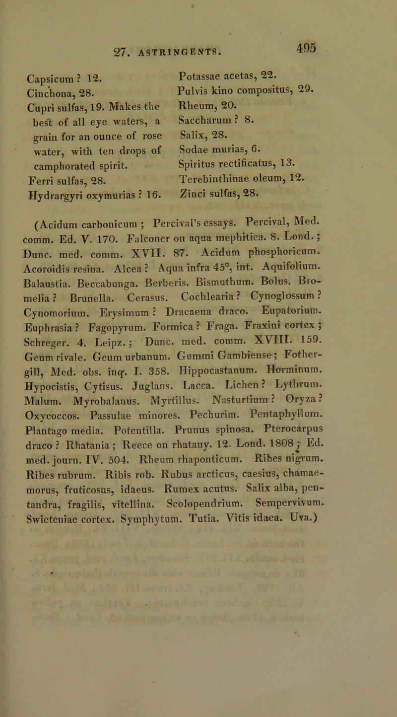 Capsicum ? 12. Cinchona, 28. Cupri sulfas, 19. Makes the bes't of all eye waters, a grain for an ounce of rose water, with ten drops of camphorated spirit. Ferri sulfas, 28. Potassae acetas, 22. Pulvis kino compositus, 29. Rheum, 20. Saccharum ? 8. Salix, 28. Sodae murias, 6. Spiritus rectificatus, 13. Terebintliinae oleum, 12. Hydrargyri oxymurias ? 16. Zinci sulfas, 28. (Acidum carbonicum ; Percival’s essays. Percival, Med. comm. Ed. V. 170. Falconer on aqua mephitica. 8. Lond.; Dune. med. comm. XVII. 87. Acidum phosphoricum. Acoroidis resina. Alcea ? Aqua infra 45°, int. Aquifolium. Balaustia. Beccabunga. Berberis. Bismuthum. Bolus. Bro- melia ? Brunella. Cerasus. Cochlearia ? Cynoglossum ? Cynomorium. Erysimum ? Dracaena draco. Eupatorium. Euphrasia? Fagopyrum. Formica? Fraga. Fraxini cortex ; Schreger. 4. Leipz.; Dune. med. comm. XVIII. 159. Geum rivale. Geum urbanum. Gummi Gambiense; Fother- gill, Med. obs. inq. I. 358. Hippocastanum. Horminum. Hypocistis, Cytisus. Juglans. Lacca. Lichen ? Lythrum. Malum. Myrobalanus. Myrtillus. Nasturtium ? Oryza ? Oxycoccos. Passulae minores. Pechurim. Pentaphyllum. Plantago media. Potentilla. PrUnus spinosa. Pterocarpus draco ? Rhatania; Reece on rhatany. 12. Lond. 1808; Ed. med. journ. IV. 504. Rheum rhaponticum. Ribes nigrum. Ribes rubrum. Ribis rob. Rubus arcticus, caesius, chamae- morus, fruticosus, idaeus. Rumex acutus. Salix alba, pen- tandra, fragilis, vitellina. Scolopendrium. Sempervivum. Swieteniae cortex. Symphytum. Tutia. Vitis idaea. Uva.)