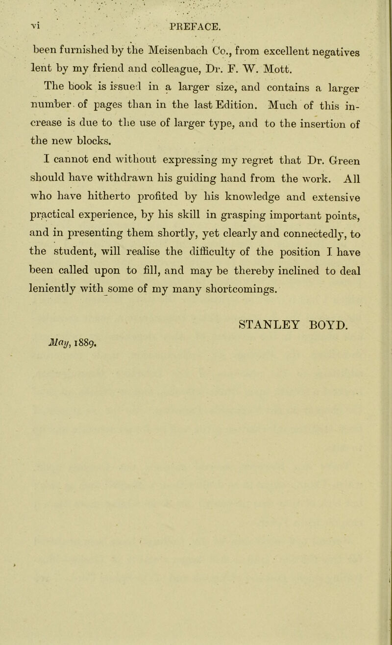 been furnished by the Meisenbach Co., from excellent negatives lent by my friend and colleague, Dr. E. W. Mott. The hook is issued in a larger size, and contains a larger number of pages than in the last Edition. Much of this in- crease is due to the use of larger type, and to the insertion of the new blocks. I cannot end without expressing my regret that Dr. Green should have withdrawn his guiding hand from the work. All who have hitherto profited by his knowledge and extensive practical experience, by his skill in grasping important points, and in presenting them shortly, yet clearly and connectedly, to the student, will realise the difficulty of the position I have been called upon to fill, and may be thereby inclined to deal leniently with some of my many shortcomings. STANLEY BOYD. May, 1889.
