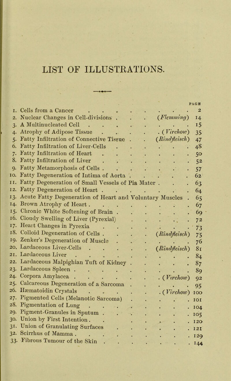 LIST OF ILLUSTRATIONS. 1. 2. 3- 4- 5- 6. 7- 8. 9- 10. 11. 12. 13- 14. IS- 16. 17- 18. 19. 20. 21. 22. 23- 24. 25- 26. 2 7- 28. 29. 30. 3i- 32. 33- tary Cells from a Cancer .... Nuclear Changes in Cell-divisions . A Multinucleated Cell .... Atrophy of Adipose Tissue Fatty Infiltration of Connective Tissue . Fatty Infiltration of Liver-Cells Fatty Infiltration of Heart Fatty Infiltration of Liver Fatty Metamorphosis of Cells . Fatty Degeneration of Intima of Aorta . Fatty Degeneration of Small Vessels of Pia Mater Fatty Degeneration of Heart . Acute Fatty Degeneration of Heart and Volu Brown Atrophy of Heart.... Chronic White Softening of Brain . Cloudy Swelling of Liver (Pyrexial) Heart Changes in Pyrexia Colloid Degeneration of Cells . Zenker’s Degeneration of Muscle Lardaceous Liver-Cells .... Lardaceous Liver ..... Lardaceous Malpighian Tuft of Kidney . Lardaceous Spleen ..... Corpora Amylacea Calcareous Degeneration of a Sarcoma . Ilrematoidin Crystals .... Pigmented Cells (Melanotic Sarcoma) Pigmentation of Lung .... Pigment-Granules in Sputum . Union by First Intention . Union of Granulating Surfaces Scirrhus of Mamma ..... Fibrous Tumour of the Skin . (Flemming) ( Virchow) (Rindfleisch) Muscles (.Rincljieisch) • • • (.Rindfleisch) • • • • • • ( Virchow') • • ( Virchow') AGH 2 14 15 35 47 48 5° 52 57 62 63 64 65 67 69 72 73 75 76 81 84 87 89 92 95 100 101 104 105 120 121 I29 144