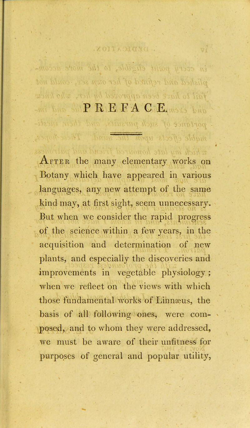 / .vj '}■ • Ifl >;r X- *; • Hi ')\W j'vVA.vx v'vj ili.ia'- ‘ • * * • • lAi ». • • '& 4C'/.V> ' \ \o .v ■ b ■ ' .\K5 PREFACE. After the many elementary works on Botany which have appeared in various languages, any new attempt of the same kind may, at first sight, seem unnecessary. But when we consider the rapid progress of the science within a few years, in the acquisition and determination of new plants, and especially the discoveries and improvements in vegetable physiology; when we reflect on the views with which those fundamental works of Linnaeus, the basis of all following ones, were com- * posed, and to whom they were addressed, we must be aware of their unfitness for purposes of general and popular utility, /