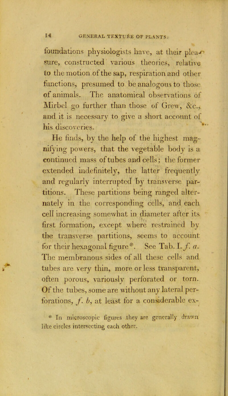 foundations physiologists have, at their plea-^ sure, constructed various theories, relative to the motion of the sap, respiration and other functions, presumed to be analogous to those of animals. The anatomical observations of Mirbel go further than those of Grew, <Scc.* and it is necessary to give a short account of his discoveries. He finds, by the help of the highest mag- nifying powers, that the vegetable body is a continued mass of tubes and cells; the former n. extended indefinitely, the latter frequently and regularly interrupted by transverse par- titions. These partitions being ranged alter- nately in the corresponding cells, and each cell increasing somewhat in diameter after its first formation, except where restrained by the transverse partitions, seems to account for their hexagonal figure*. See Tab. I. f. a. The membranous sides of all these cells and tubes are very thin, more or less transparent, often porous, variously perforated or torn. Of the tubes, some are without any lateral per- forations, f. b, at least for a considerable ex- * Ta microscopic figures they are generally drawn like circles intersecting each other.