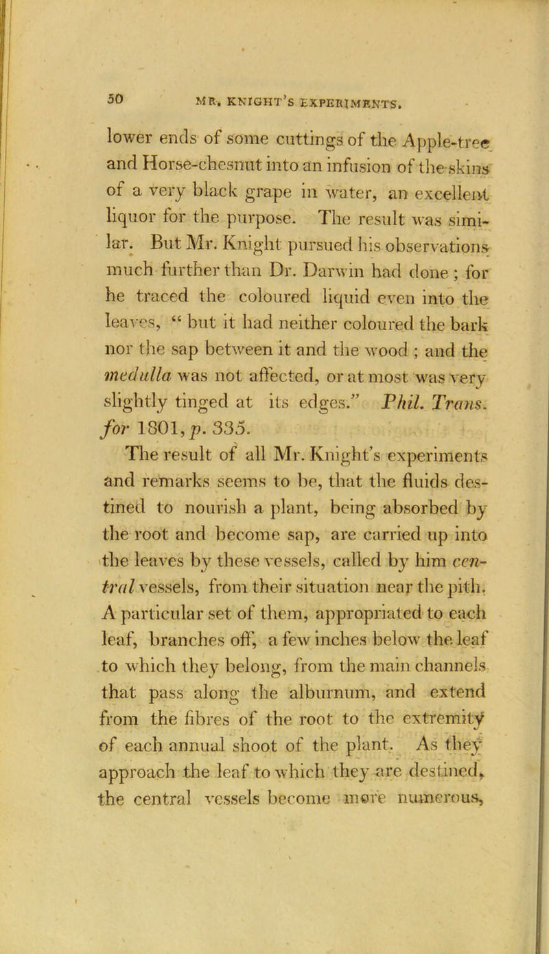 lower ends of some cuttings of the Apple-tree and Horse-chesnnt into an infusion of the skins of a very black grape in water, an excellent liquor for the purpose. The result was simi- lar. But Mr. Knight: pursued his observations much further than Dr. Darwin had done ; for he traced the coloured liquid even into the leaves, “ but it had neither coloured the bark nor the sap between it and the wood ; and the medulla was not affected, or at most was very slightly tinged at its edges.” Phil. Trans. for 1801, p. 335. The result of all Mr. Knight’s experiments and remarks seems to be, that the fluids des- tined to nourish a plant, being absorbed by the root and become sap, are carried up into the leaves by these vessels, called by him cen- tral vessels, from their situation near the pith, A particular set of them, appropriated to each leaf, branches oft', a few inches below the leaf to which they belong, from the main channels that pass along the alburnum, and extend from the fibres of the root to the extremity of each annual shoot of the plant. As they approach the leaf to which they are destined, the central vessels become mere numerous.