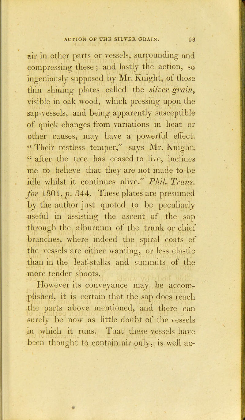 sir in other parts or vessels, surrounding and compressing these; and lastly the action, so ingeniously supposed by Mr. Knight, ot those thin shining plates called the silver grain, visible in oak wood, which pressing upon the sap-vessels, and being apparently susceptible of quick changes from variations in heat or other causes, may have a powerful effect. 44 Their restless temper,” says Mr. Knight, 44 after the tree has ceased to live, inclines me to believe that they are not made to be idle whilst it continues alive.” Phil. Trans, for 1801, p. 344. These plates are presumed by the author just quoted to be peculiarly useful in assisting the ascent of the, sap through the alburnum of the trunk or chief branches, where indeed the spiral coats of the vessels are either wanting, or less elastic than in the leaf-stalks and summits of the more tender shoots. However its conveyance may be accom- plished, it is certain that the sap does reach the parts above mentioned, and there can surely be now as little doubt of the vessels in which it runs. That these vessels have been thought to contain air only, is well ac-