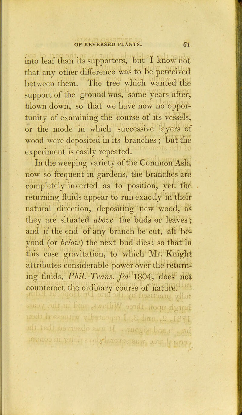 into leaf than its supporters, but I know not that any other difference was to be perceived between them. The tree which wanted the support of the ground was, some years after, blown down, so that we have now no oppor- tunity of examining the course of its vessels, or the mode in which successive layers of wood were deposited in its branches ; but the experiment is easily repeated. In the weeping variety of the Common Ash, now so frequent in gardens, the branches are completely inverted as to position, yet. the returning fluids appear to run exactly in their natural direction, depositing new wood, as they are situated above the buds or leaves; and if the end of any branch be cut, all be- yond (or below) the next bud dies; so that in this case gravitation, to which Mr. Knight attributes considerable power over the return- ing fluids, Phil. Tra?is. for 1804, does not counteract the ordinary course of nature.