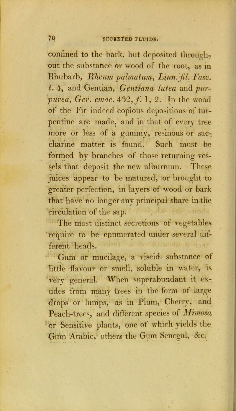 confined to the hark, but deposited through?, out the substance or wood of the root, as in Rhubarb, Rheum palmatum, Lirm. jil. Fuse, t. 4, and Gentian, Gentiana luteci and pur- purea, Ger. emac. 432, f. 1, 2. In the wood of the Fir indeed copious depositions of tur- pentine are made? and in that of every tree more or less of a gummy, resinous or sac- charine matter is found. Such must be formed by branches of those returning ves- sels that deposit the new alburnum. These juices appear to be matured, or brought to greafer perfection, in layers of wood or bark that have no longer any principal share in the circulation of the sap. The most, distinct secretions of vegetables require to be enumerated under several dif- ferent heads. Gum or mucilage, a viscid substance of little flavour or smell, soluble in water, is very general. When superabundant it ex- udes from many trees in the form of large drops or lumps, as in Plum, Cherry, and Peach-trees, and different species of Mimosa or Sensitive plants, one of which yields the G-urn Arabic, others the Gum Senegal, &c.