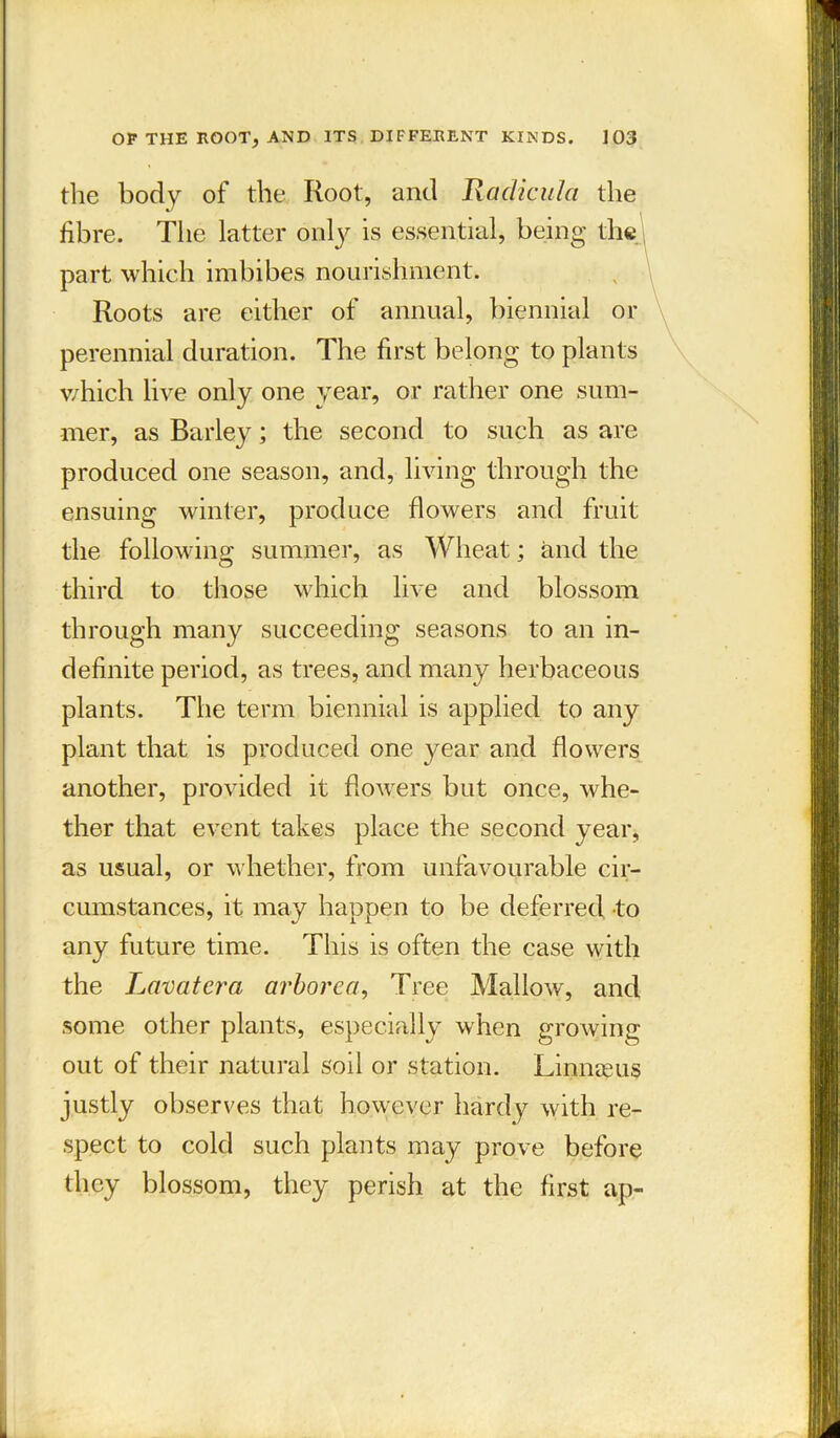 the body of tile Root, and Radicula the fibre. The latter only is essential, being the part which imbibes nourishment. Roots are either of annual, biennial or perennial duration. The first belong to plants v/hich live only one year, or rather one sum- mer, as Barley; the second to such as are produced one season, and, living through the ensuing winter, produce flowers and fruit the following; summer, as Wheat; and the third to those which live and blossom through many succeeding seasons to an in- definite period, as trees, and many herbaceous plants. The term biennial is applied to any plant that is produced one year and flowers another, provided it flowers but once, whe- ther that event takes place the second year, as usual, or whether, from unfavourable cir- cumstances, it may happen to be deferred to any future time. This is often the case with the Lavatera arborea, Tree Mallow, and some other plants, especially when growing- out of their natural soil or station. Linnaeus justly observes that however hardy with re- spect to cold such plants may prove before they blossom, they perish at the first ap-