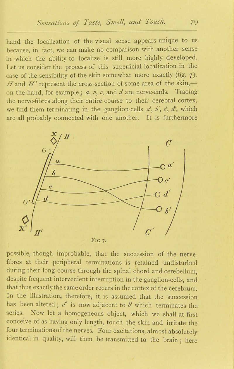 hand the locahzation of the visual sense appears unique to us because, in fact, we can make no comparison with another sense in which the abiUty to locahze is still more highly developed. Let us consider the process of this superficial localization in the case of the sensibility of the skin somewhat more exactly (fig. 7). ZTand represent the cross-section of some area of the skin,— on the hand, for example; a, b, c, and d are nerve-ends. Tracing ihe nerve-fibres along their entire course to their cerebral cortex, we find them terminating in the ganglion-cells a!, b', (f, d', which are all probably connected with one another. It is furthermore possible, though improbable, that the succession of the nerve- fibres at their peripheral terminations is retained undisturbed during their long course through the spinal chord and cerebellum, despite frequent intervenient interruption in the ganglion-cells, and that thus exactly the same order recurs in the cortex of the cerebrum. In the illustration, therefore, it is assumed that the succession has been altered ; d' is now adjacent to b' which terminates the series. Now let a homogeneous object, which we shall at first conceive of as having only length, touch the skin and irritate the four terminations of the nerves. Four excitations, almost absolutely identical in quality, will then be transmitted to the brain ; here Fig 7.