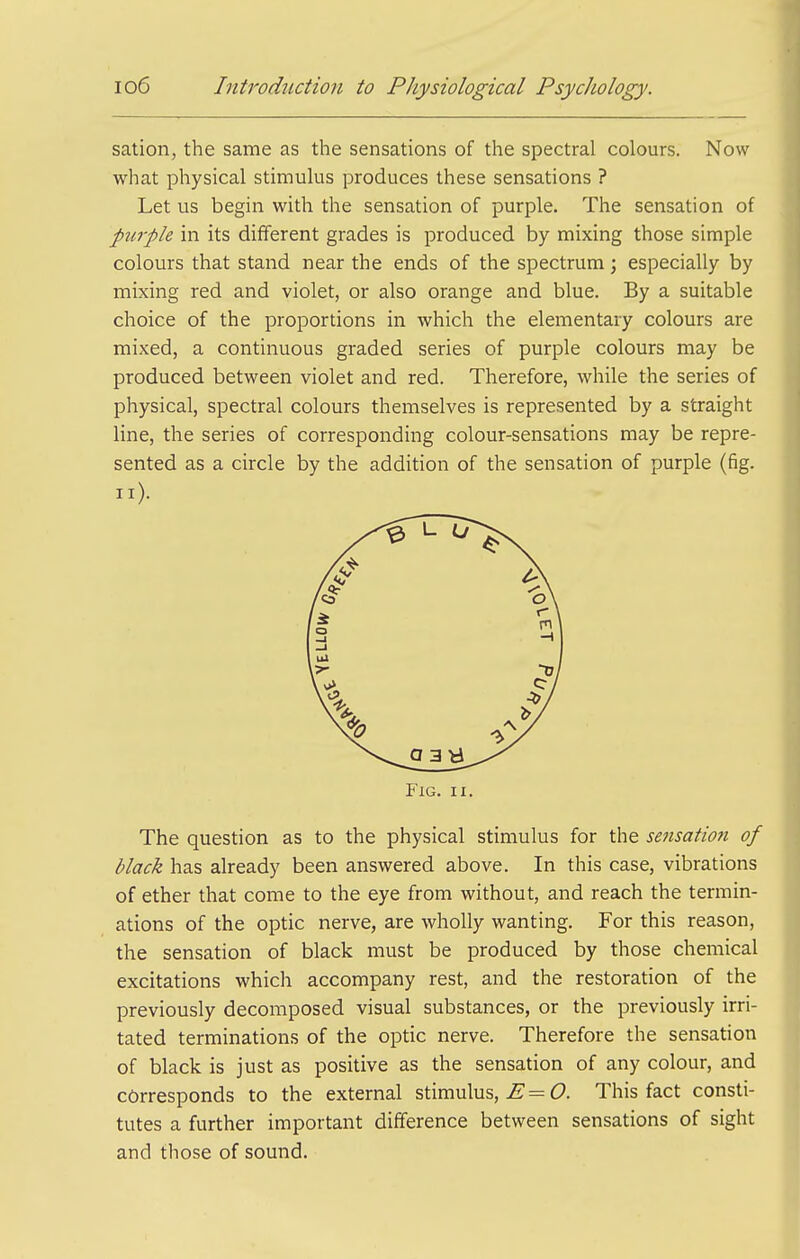 salion, the same as the sensations of the spectral colours. Now what physical stimulus produces these sensations ? Let us begin with the sensation of purple. The sensation of purple in its different grades is produced by mixing those simple colours that stand near the ends of the spectrum; especially by mixing red and violet, or also orange and blue. By a suitable choice of the proportions in which the elementary colours are mixed, a continuous graded series of purple colours may be produced between violet and red. Therefore, while the series of physical, spectral colours themselves is represented by a straight line, the series of corresponding colour-sensations may be repre- sented as a circle by the addition of the sensation of purple (fig. II). Fig. II. The question as to the physical stimulus for the sensation of black has already been answered above. In this case, vibrations of ether that come to the eye from without, and reach the termin- ations of the optic nerve, are wholly wanting. For this reason, the sensation of black must be produced by those chemical excitations which accompany rest, and the restoration of the previously decomposed visual substances, or the previously irri- tated terminations of the optic nerve. Therefore the sensation of black is just as positive as the sensation of any colour, and corresponds to the external stimulus,d?. This fact consti- tutes a further important difference between sensations of sight and those of sound.