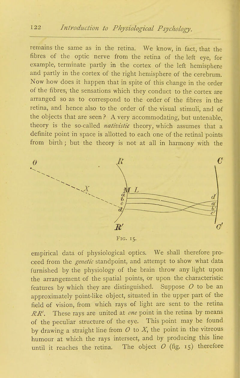 remains the same as in the retina. We know, in fact, that the fibres of the optic nerve from the retina of the left eye, for example, terminate partly in the cortex of the left hemisphere and partly in the cortex of the right hemisphere of the cerebrum. Now how does it happen that in spite of this change in the order of the fibres, the sensations which they conduct to the cortex are arranged so as to correspond to the order of the fibres in the retina, and hence also to the order of the visual stimuli, and of the objects that are seen? A very accommodating, but untenable, theory is the so-called nativistic theory, which assumes that a definite point in space is allotted to each one of the retinal points from birth; but the theory is not at all in harmony with the Fig. 15. empirical data of physiological optics. We shall therefore pro- ceed from the genetic standpoint, and attempt to show what data furnished by the physiology of the brain throw any light upon the arrangement of the spatial points, or upon the characteristic features by which they are distinguished. Suppose (9 to be an approximately point-like object, situated in the upper part of the field of vision, from which rays of light are sent to the retina RR'. These rays are united at one point in the retina by means of the peculiar structure of the eye. This point may be found by drawing a straight line from O to X, the point in the vitreous humour at which the rays intersect, and by producing this line until it reaches the retina. The object O (fig. 15) therefore