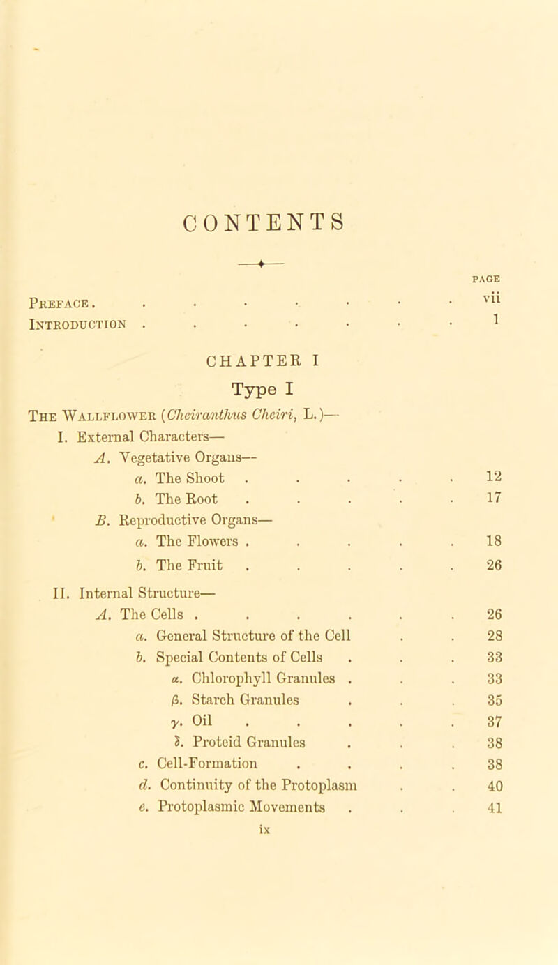 CONTENTS —♦— PAGE Preface..•••••• vu Introduction CHAPTER I Type I The Wallflower (Cheiranthus Chciri, L.)— I. External Characters— A. Vegetative Organs— a. The Shoot . . . • .12 b. The Root ..... 17 B. Reproductive Organs— a. The Flowers . . . . .18 b. The Fruit ..... 26 II. Internal Structure— A. The Cells ...... 26 a. General Structure of the Cell . . 28 b. Special Contents of Cells . . .33 a. Chlorophyll Granules . . .33 j3. Starch Granules . . .35 y. Oil . . . .37 2. Proteid Granules . . .38 c. Cell-Formation . . . .38 d. Continuity of the Protoplasm . . 40 e. Protoplasmic Movements . . .41