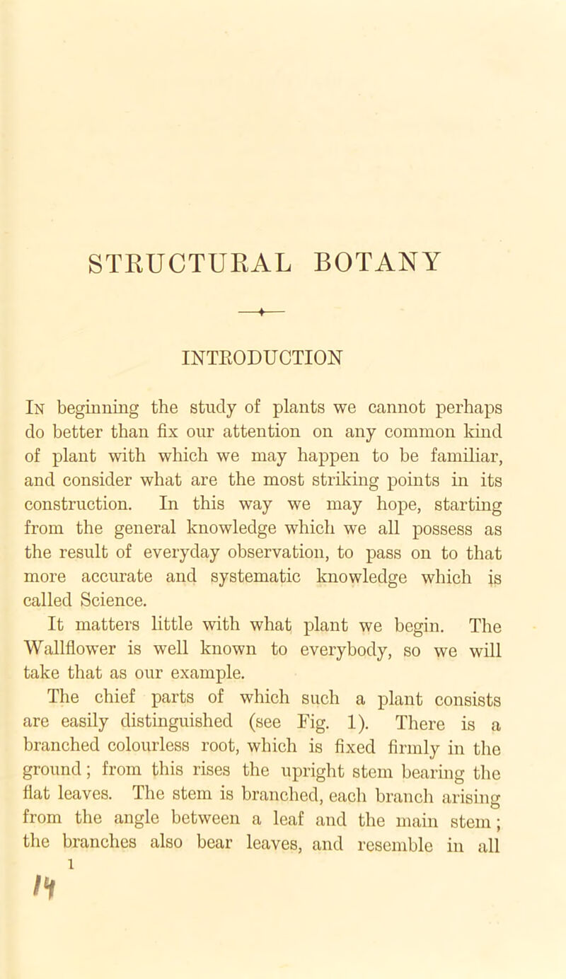 STRUCTURAL BOTANY ♦ INTRODUCTION In beginning the study of plants we cannot perhaps do better than fix our attention on any common kind of plant with which we may happen to be familiar, and consider what are the most striking points in its construction. In this way we may hope, starting from the general knowledge which we all possess as the result of everyday observation, to pass on to that more accurate and systematic knowledge which is called Science. It matters little with what plant we begin. The Wallflower is well known to everybody, so we will take that as our example. The chief parts of which such a plant consists are easily distinguished (see Fig. 1). There is a branched colourless root, which is fixed firmly in the ground; from this rises the upright stem bearing the fiat leaves. The stem is branched, each branch arising from the angle between a leaf and the main stem; the branches also bear leaves, and resemble in all