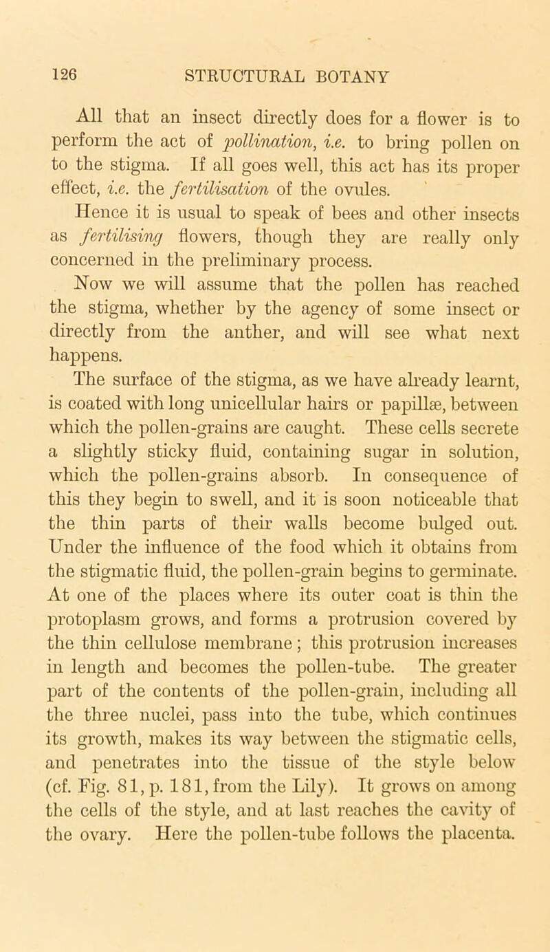 All that an insect directly does for a flower is to perform the act of pollination, i.e. to bring pollen on to the stigma. If all goes well, this act has its proper effect, i.e. the fertilisation of the ovules. Hence it is usual to speak of bees and other insects as fertilising flowers, though they are really only concerned in the preliminary process. How we will assume that the pollen has reached the stigma, whether by the agency of some insect or directly from the anther, and will see what next happens. The surface of the stigma, as we have already learnt, is coated with long unicellular hairs or papilke, between which the pollen-grains are caught. These cells secrete a slightly sticky fluid, containing sugar in solution, which the pollen-grains absorb. In consequence of this they begin to swell, and it is soon noticeable that the thin parts of their walls become bulged out. Under the influence of the food which it obtains from the stigmatic fluid, the pollen-grain begins to germinate. At one of the places where its outer coat is thin the protoplasm grows, and forms a protrusion covered by the thin cellulose membrane; this protrusion increases in length and becomes the pollen-tube. The greater part of the contents of the pollen-gram, including all the three nuclei, pass into the tube, which continues its growth, makes its way between the stigmatic cells, and penetrates into the tissue of the style below (cf. Fig. 81, p. 181, from the Lily). It grows on among the cells of the style, and at last reaches the cavity of the ovary. Here the pollen-tube follows the placenta.