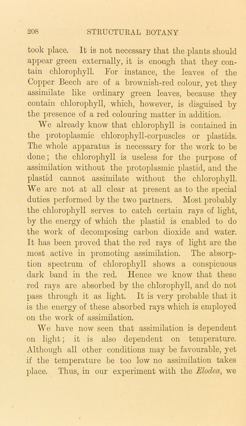 took place. It is not necessary that the plants should appear green externally, it is enough that they con- tain chlorophyll. For instance, the leaves of the Copper Beech are of a brownish-red colour, yet they assimilate like ordinary green leaves, because they contain chlorophyll, which, however, is disguised by the presence of a red colouring matter in addition. We already know that chlorophyll is contained in the protoplasmic chlorophyll-corpuscles or plastids. The whole apparatus is necessary for the work to be done; the chlorophyll is useless for the purpose of assimilation without the protoplasmic plastid, and the plastid cannot assimilate without the chlorophyll. We are not at all clear at present as to the special duties performed by the two partners. Most probably the chlorophyll serves to catch certain rays of light, by the energy of which the plastid is enabled to do the work of decomposing carbon dioxide and water. It has been proved that the red rays of light are the most active in promoting assimilation. The absorp- tion spectrum of chlorophyll shows a conspicuous dark band in the red. Hence we know that these red rays are absorbed by the chlorophyll, and do not pass through it as light. It is very probable that it is the energy of these absorbed rays which is employed on the work of assimilation. We have now seen that assimilation is dependent on light; it is also dependent on temperature. Although all other conditions may be favourable, yet if the temperature be too low no assimilation takes place. Thus, in our experiment with the Elodca, we