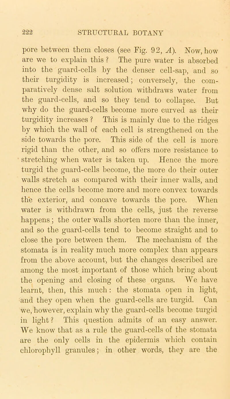 pore between them closes (see Fig. 92, A). Now, how are we to explain this ? The pure water is absorbed into the guard-cells by the denser cell-sap, and so their turgidity is increased; conversely, the com- paratively dense salt solution withdraws water from the guard-cells, and so they tend to collapse. But why do the guard-cells become more curved as their turgidity increases ? This is mainly due to the ridges by which the wall of each cell is strengthened on the side towards the pore. This side of the cell is more rigid than the other, and so offers more resistance to stretching when water is taken up. Hence the more turgid the guard-cells become, the more do their outer walls stretch as compared with their inner walls, and hence the cells become more and more convex towards the exterior, and concave towards the pore. When water is withdrawn from the cells, just the reverse happens; the outer walls shorten more than the inner, and so the guard-cells tend to become straight and to close the pore between them. The mechanism of the stomata is in reality much more complex than appears from the above account, but the changes described are among the most important of those which bring about the opening and closing of these organs. We have learnt, then, this much: the stomata open in light, and they open when the guard-cells are turgid. Can we, however, explain why the guard-cells become turgid in light? This question admits of an easy answer. We know that as a rule the guard-cells of the stomata are the only cells in the epidermis which contain chlorophyll granules; in other words, they are the