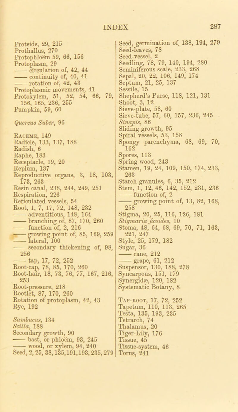 Proteids, 29, 215 Prothallus, 270 Protophloem 59, 66, 156 Protoplasm, 29 circulation of, 42, 44 continuity of, 40, 41 rotation of, 42, 43 Protoplasmic movements, 41 Protoxylem, 51, 52, 54, 66, 79, 156, 165, 236, 255 Pumpkin, 59, 60 Quercus Suber, 96 Raceme, 149 Radicle, 133, 137, 18S Radisli, 6 Raphe, 183 Receptacle, 19, 20 Replum, 137 Reproductive organs, 3, 18, 103, 173, 263 Resin canal, 238, 244, 249, 251 Respiration, 226 Reticulated vessels, 54 Root, 1, 7, 17, 72, 148, 232 adventitious, 148, 164 branching of, 87, 170, 260 function of, 2, 216 growing point of, 85, 169, 259 lateral, 100 secondary thickening of, 98, 256 tap, 17, 72, 252 Root-cap, 78, 85, 170, 260 Root-hair, 18, 73, 76, 77, 167, 216, 253 Root-pressure, 21S Rootlet, 87, 170, 260 Rotation of protoplasm, 42, 43 Rye, 192 Sambucus, 134 Scilla, 188 Secondary growth, 90 bast, or phloem, 93, 245 wood, or xylem, 94, 240 Seed, 2,25, 38,135,191,193,235,279 Seed, germination of, 138, 194, 279 Seed-leaves, 78 Seed-vessel, 2 Seedling, 78, 79, 140, 194, 2S0 Seminiferous scale, 233, 268 Sepal, 20, 22, 106, 149, 174 Septum, 21, 25, 137 Sessile 15 Shepherd’s Purse, 118, 121, 131 Shoot, 3, 12 Sieve-plate, 5S, 60 Sieve-tube, 57, 60, 157, 236, 245 Sinapis, S6 Sliding growth, 95 Spiral vessels, 53, 158 Spongy parenchyma, 68, 69, 70, 162 Spores, 113 Spring wood, 243 Stamen, 19, 24, 109, 150, 174, 233, 263 Starch granules, 6, 35, 212 Stem, 1, 12, 46, 142, 152, 231, 236 function of, 2 growing point of, 13, 82, 168, 258 Stigma, 20, 25, 116, 126, 181 St igmaria ficoid.es, 10 Stoma, 48, 64, 68, 69, 70, 71, 163, 221, 247 Style, 25, 179, 182 Sugar, 36 cane, 212 grape, 61, 212 Suspensor, 130, 188, 278 Syncarpous, 151, 179 Synergidse, 120, 182 Systematic Botany, 8 Tap-koot, 17, 72, 252 Tapetiun, 110, 113, 265 Testa, 135, 193, 235 Tetrarch, 74 Thalamus, 20 Tiger-Lily, 176 Tissue, 45 Tissue-system, 46 Torus, 241