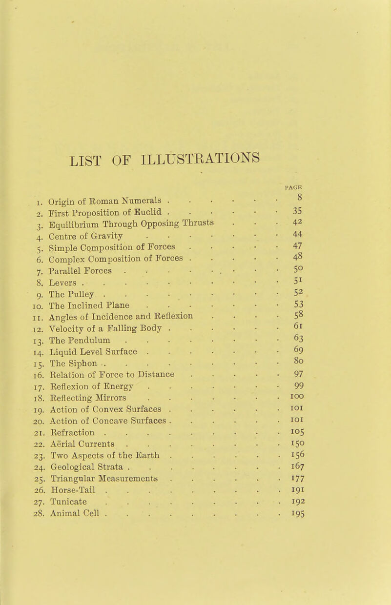 LIST OF ILLUSTRATIONS I'AGE 1. Origin of Roman Numerals ^ 2. First Proposition of Euclid 35 3. Equilibrium Through Opposing Thrusts ... 42 4. Centre of Gravity 44 5. Simple Composition of Forces 47 6. Complex Composition of Forces 4^ 7. Parallel Forces , • • -5° 8. Levers 5^ 9. The Pulley . • 52 10. The Inclined Plane S3 11. Angles of Incidence and Reflexion . . . • 5^ 12. Velocity of a Falling Body 61 13. The Pendulum 63 14. Liquid Level Surface . . . . . . . 69 15. The Siphon 80 16. Relation of Force to Distance 97 17. Reflexion of Energy 99 18. Reflecting Mirrors 10° 19. Action of Convex Surfaces loi 20. Action of Concave Surfaces loi 21. Refraction 105 22. Aerial Currents 150 23. Two Aspects of the Earth 156 24. Geological Strata 167 25. Triangular Measurements . . . . . '177 26. Horse-Tail 191 27. Tunicate 192 28. Animal Cell I95