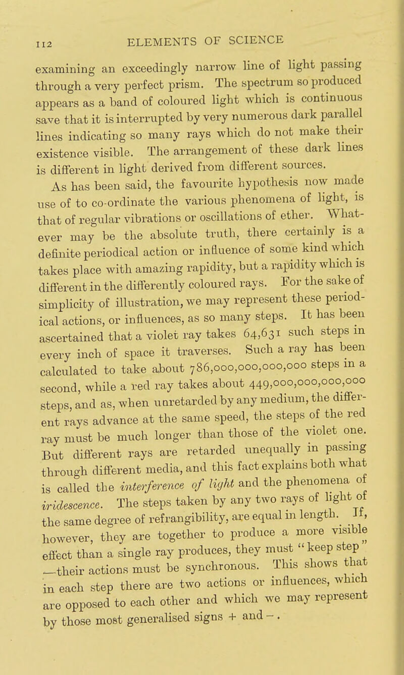 examining an exceedingly narrow line of light passing through a very perfect prism. The spectrum so produced appears as a band of coloured light which is continuous save that it is interrupted by very numerous dark parallel lines indicating so many rays which do not make their existence visible. The arrangement of these dark lines is diflferent in light derived from diflferent sources. As has been said, the favourite hypothesis now made use of to co-ordinate the various phenomena of light, is that of regular vibrations or oscillations of ether. What- ever may be the absolute truth, there certainly is a definite periodical action or infiuence of some kind which takes place with amazing rapidity, but a rapidity which is difi-erent in the differently coloured rays. For the sake of simplicity of illustration, we may represent these period- ical actions, or influences, as so many steps. It has been ascertained that a violet ray takes 64,631 such steps in every inch of space it traverses. Such a ray has been calculated to take about 786,000,000,000,000 steps m a second, while a red ray takes about 449,000,000,000,000 steps, and as, when uaretarded by any medium, the differ- ent rays advance at the same speed, the steps of the red ray must be much longer than those of the violet one. But different rays are retarded unequally m passing throu-h different media, and this fact explains both what is called the inUrfermce. of light and the phenomena of iridescence. The steps taken by any two rays of light ot the same degree of refrangibility, are equal m length. Jt, however, they are together to produce a more visible effect than a single ray produces, they must  keep step ^their actions must be synchronous. This shows that in each step there are two actions or influences, which are opposed to each other and which we may represent by those most generalised signs + and - .