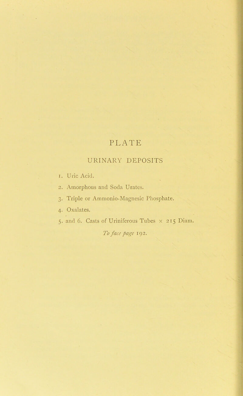 PLATE URINARY DEPOSITS 1. Uric Acid. 2. Amorphous and Socla Urates. 3. Triple or Ammonio-Magnesic Phosphate. 4. Oxalates. 5. and 6. Casts of Uriniferous Tubes x 215 Diam. To face page 192.
