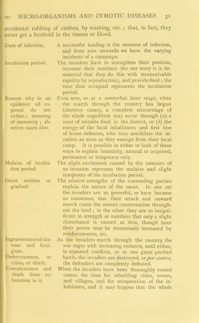 accidental rubbing of clothes, by washing, etc. ; that, in fact, they never get a foothold in the tissues or blood. Date of infection. Incubation period. Reason why in an epidemic all ex- posed do not sicken ; meaning of immunity ; ab- ortive cases also. Malaise of incuba- tion period. Onset sudden or gradual. Ingravescenceof dis- ease and fasti- gium. Defervescence, or crisis, or death. Convalescence and death from ex- haustion in it. A successful landing is the moment of infection, and from now onwards we have the varying incidents of a campaign. The invaders have to strengthen their position, increase their numbers (for our story it is im- material that they do this with inconceivable rapidity by reproduction), and provide food ; the time thus occupied represents the incubation period. Even now, or at a somewhat later stage, when the march through the country has begun (abortive cases), a complete miscarriage of the whole expedition may occur through (a) a want of suitable food in the district, or (b) the energy of the local inhabitants and first line of home defences, who may annihilate the in- vaders as soon as they emerge from their local camp. It is possible in either or both of these ways to explain immunity, natural or acquired, permanent or temporary only. The slight excitement caused by the rumours of an invasion represent the malaise and slight symptoms of the incubation period. The relative strengths of the contending parties explain the nature of the onset. In one set the invaders are so powerful, or have become so numerous, that their attack and onward march cause the utmost consternation through- out the land ; in the other they are so insigni- ficant in strength or numbers that only a slight disturbance is caused at first, though later their power may be enormously increased by reinforcements, etc. As the invaders march through the country the war rages with increasing violence, until either, in repeated conflicts, or in one great pitched battle, the invaders are destroyed, or per contra, the defenders are completely defeated. When the invaders have been thoroughly routed comes the time for rebuilding cities, towns, and villages, and for recuperation of the in- habitants, and it may happen that the whole