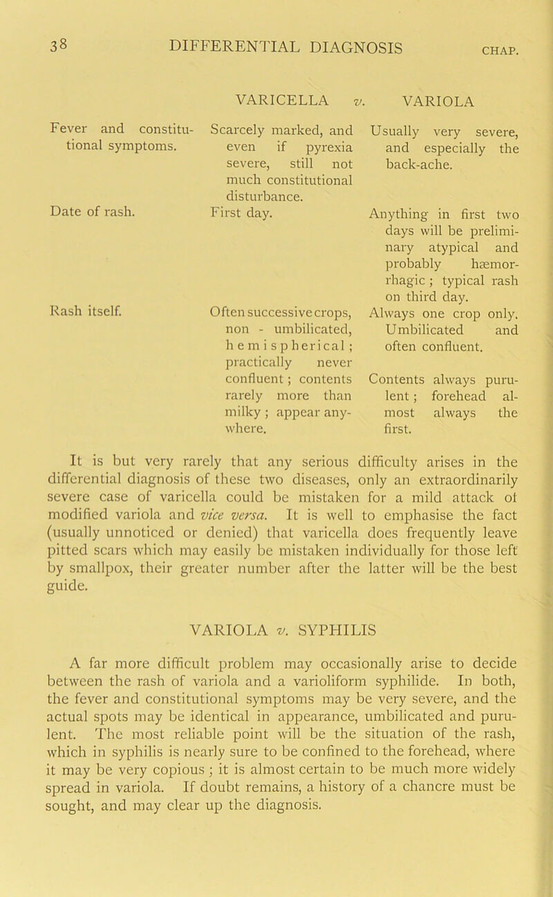 CHAP. VARICELLA v. VARIOLA Fever and constitu- tional symptoms. Date of rash. Rash itself. Scarcely marked, and even if pyrexia severe, still not much constitutional disturbance. First day. Often successive crops, non - umbilicated, h e m i s p herical ; practically never confluent; contents rarely more than milky ; appear any- where. Usually very severe, and especially the back-ache. Anything in first two days will be prelimi- nary atypical and probably haemor- rhagic ; typical rash on third day. Always one crop only. Umbilicated and often confluent. Contents always puru- lent ; forehead al- most always the first. It is but very rarely that any serious difficulty arises in the differential diagnosis of these two diseases, only an extraordinarily severe case of varicella could be mistaken for a mild attack ol modified variola and vice versa. It is well to emphasise the fact (usually unnoticed or denied) that varicella does frequently leave pitted scars which may easily be mistaken individually for those left by smallpox, their greater number after the latter will be the best guide. VARIOLA v. SYPHILIS A far more difficult problem may occasionally arise to decide between the rash of variola and a varioliform syphilide. In both, the fever and constitutional symptoms may be very severe, and the actual spots may be identical in appearance, umbilicated and puru- lent. The most reliable point will be the situation of the rash, which in syphilis is nearly sure to be confined to the forehead, where it may be very copious ; it is almost certain to be much more widely spread in variola. If doubt remains, a history of a chancre must be sought, and may clear up the diagnosis.
