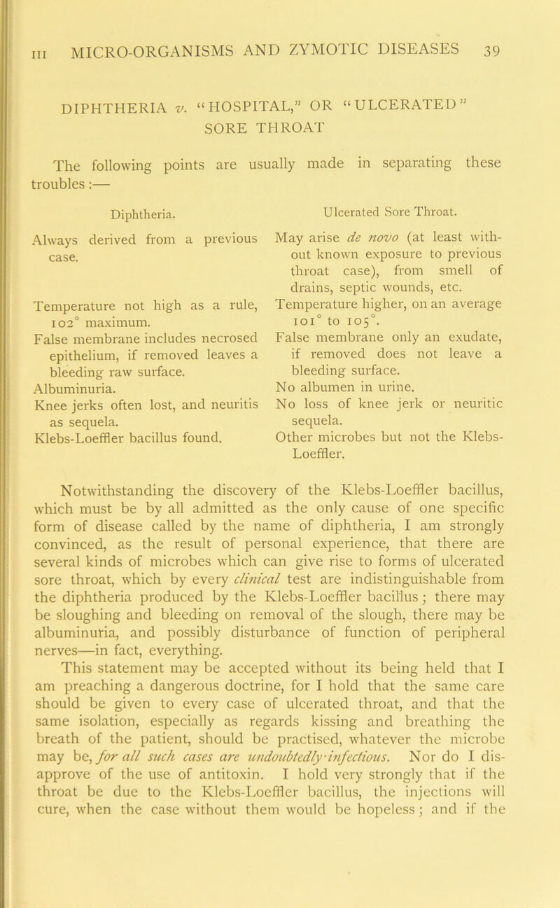 DIPHTHERIA v. “HOSPITAL,” OR “ULCERATED” SORE THROAT The following points are usually made in separating these troubles:— Diphtheria. Always derived from a previous case. Temperature not high as a rule, 102° maximum. False membrane includes necrosed epithelium, if removed leaves a bleeding raw surface. Albuminuria. Knee jerks often lost, and neuritis as sequela. Klebs-Loeffler bacillus found. Ulcerated Sore Throat. May arise de novo (at least with- out known exposure to previous throat case), from smell of drains, septic wounds, etc. Temperature higher, on an average ioi° to 105“. False membrane only an exudate, if removed does not leave a bleeding surface. No albumen in urine. No loss of knee jerk or neuritic sequela. Other microbes but not the Klebs- Loeffler. Notwithstanding the discovery of the Klebs-Loeffler bacillus, which must be by all admitted as the only cause of one specific form of disease called by the name of diphtheria, I am strongly convinced, as the result of personal experience, that there are several kinds of microbes which can give rise to forms of ulcerated sore throat, which by every clinical test are indistinguishable from the diphtheria produced by the Klebs-Loeffler bacillus; there may be sloughing and bleeding on removal of the slough, there may be albuminuria, and possibly disturbance of function of peripheral nerves—in fact, everything. This statement may be accepted without its being held that I am preaching a dangerous doctrine, for I hold that the same care should be given to every case of ulcerated throat, and that the same isolation, especially as regards kissing and breathing the breath of the patient, should be practised, whatever the microbe may be, for all stick cases are undoubtedly •infectious. Nor do I dis- approve of the use of antitoxin. I hold very strongly that if the throat be due to the Klebs-Loeffler bacillus, the injections will cure, when the case without them would be hopeless; and if the