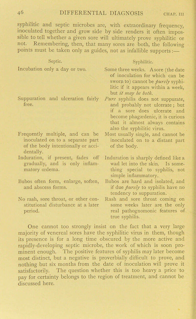 syphilitic and septic microbes are, with extraordinary frequency, inoculated together and grow side by side renders it often impos- sible to tell whether a given sore will ultimately prove syphilitic or not. Remembering, then, that many sores are both, the following points must be taken only as guides, not as infallible supports:— Septic. Incubation only a day or two. Suppuration and ulceration fairly free. Frequently multiple, and can be inoculated on to a separate part of the body intentionally or acci- dentally. Induration, if present, fades off gradually, and is only inflam- matory oedema. Bubos often form, enlarge, soften, and abscess forms. No rash, sore throat, or other con- stitutional disturbance at a later period. Syphilitic. Some three weeks. Asore (the date of inoculation for which can be sworn to) cannot be purely syphi- litic if it appears within a week, but it may be both. Pure syphilis does not suppurate, and probably not ulcerate ; but if a sore does ulcerate and become phagtedenic, it is curious that it almost always contains also the syphilitic virus. Most usually single, and cannot be inoculated on to a distant part of the body. Induration is sharply defined like a wad let into the skin. Is some- thing special to syphilis, not simple inflammatory. Bubos are hard and isolated, and if due purely to syphilis have no tendency to suppuration. Rash and sore throat coming on some weeks later are the only real pathognomonic features of true syphilis. One cannot too strongly insist on the fact that a very large majority of venereal sores have the syphilitic virus in them, though its presence is for a long time obscured by the more active and rapidly-developing septic microbe, the work of which is soon pro- minent enough. The positive features of syphilis may later become most distinct, but a negative is proverbially difficult to prove, and nothing but six months from the date of inoculation will prove it satisfactorily. The question whether this is too heavy a price to pay for certainty belongs to the region of treatment, and cannot be discussed here.