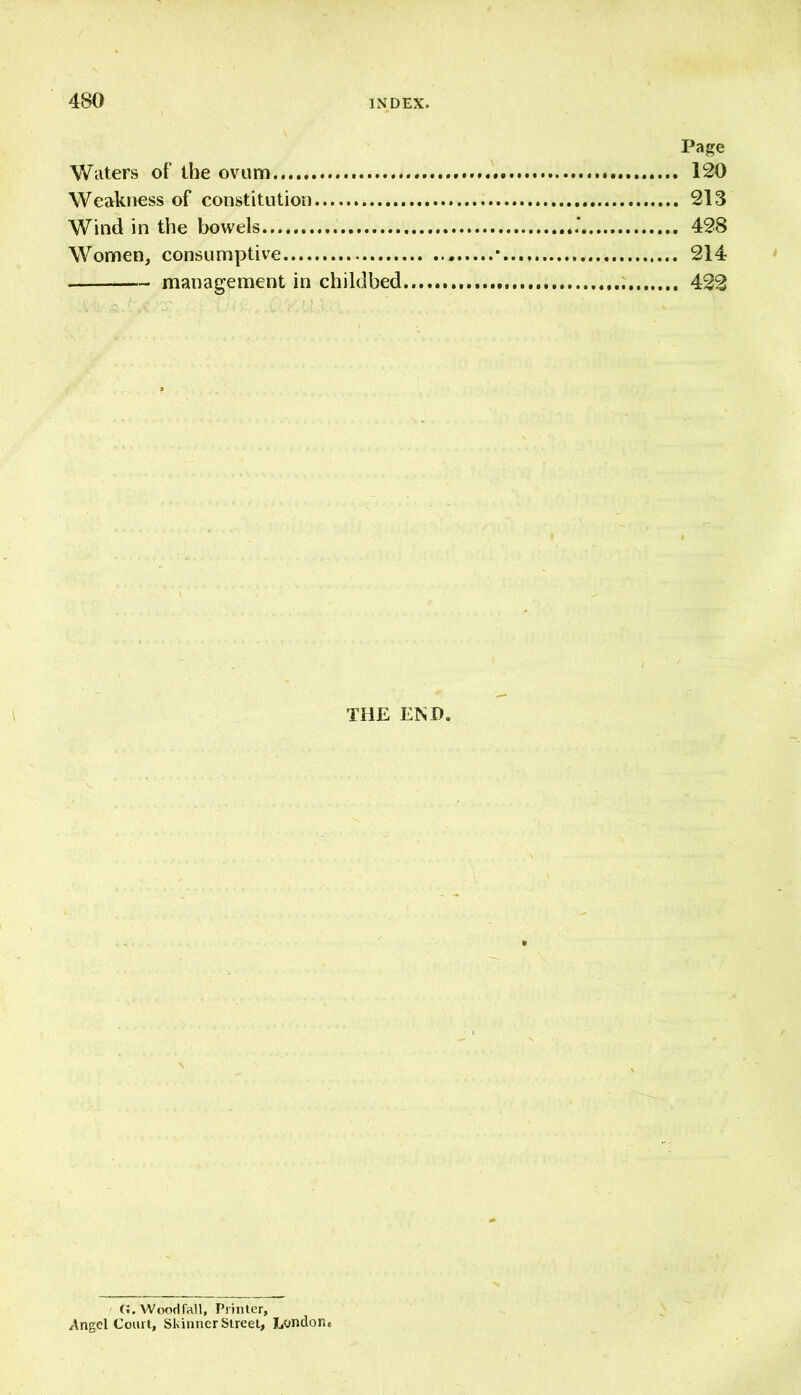 Page Waters of the ovum 120 Weakness of constitution 213 Wind in the bowels 428 Women, consumptive • 214 management in childbed 422 THE END, G.Woodfall, Printer, Angel Court, Skinner Street, London*