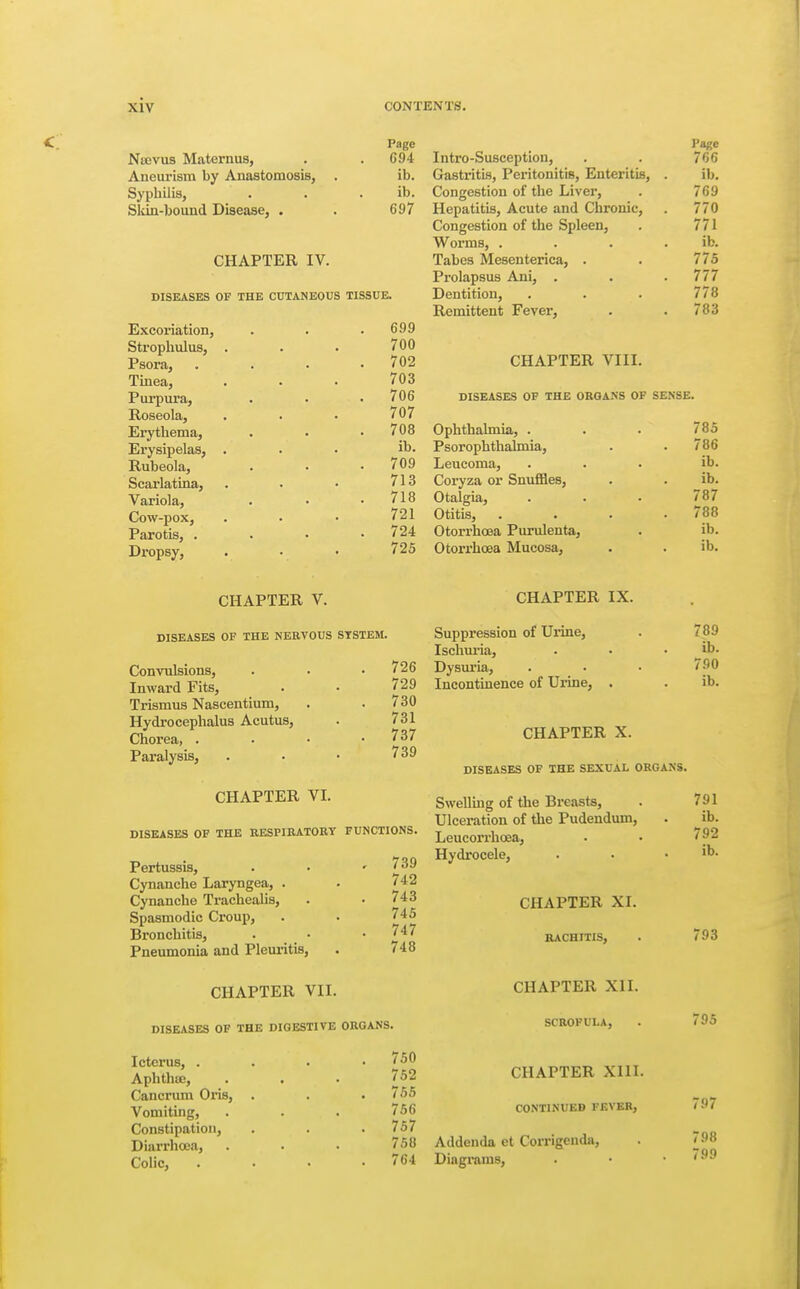 Page Ncevus Maternus, . . 694 Aneurism by Anastomosis, . ib. Syphilis, . . . ib. Sldn-bouiid Disease, . . 697 CHAPTER IV. DISEASES OF THE CUTANEOUS TISSUE. Excoriation, . . .699 Strophulus, . . . 700 Psora, . . . .702 Tinea, ... 703 Purpura, . . ■ 706 Roseola, . . • 707 Erythema, . . .708 Erysipelas, ... ib. Rubeola, . . .709 Scai'latina, . . • 713 Variola, . • .718 Cow-pox, . . • 721 Parotis, . . • .724 Dropsy, . . • 725 Page Intro-Susceptlon, 766 Gastritis, Peritonitis, Enteritis, . Congestion of the Liver, ib. 769 Hepatitis, Acute and Chronic, 770 Congestion of the Spleen, 771 Worms, . . . . ib. Tabes Mesenterica, . 775 Prolapsus Ani, . 777 Dentition, 778 Remittent Fever, 783 CHAPTER VIII. DISEASES OF THE OEGANS OF SENSE. Ophthalmia, . . . 785 Psorophthalmia, . . 786 Leucoma, ... ib. Coryza or Snuffles, . . ib. Otalgia, . . . 787 Otitis, .... 788 Otorrhoea Purulenta, . ib. Otorrhcea Mucosa, . . ib. CHAPTER V. CHAPTER IX. DISEASES OF THE NERVOUS STSTEM. Convulsions, Inward Fits, Trismus Nascentium, Hydrocephalus Acutus, Chorea, . Paralysis, CHAPTER VI. 726 729 730 731 737 739 DISEASES OF THE RESPIRATORY FUNCTIONS. Pertussis, Cynanche Laryngea, . Cynanche Trachealis, Spasmodic Croup, Bronchitis, Pneumonia and Pleuritis, CHAPTER VII. 739 742 743 745 747 748 DISEASES OF THE DIGESTIVE ORGANS. Icterus, . Aphthee, Cancrum Oris, . Vomiting, Constipation, Diarrhoea, Colic, 750 752 755 756 757 758 764 Suppression of Urine, Ischm-ia, Dysuria, Incontinence of Urine, 789 ib. 790 ib. CHAPTER X. DISEASES OF THE SEXUAL ORGANS. Swelling of the Bi'easts, Ulceration of the Pudendum, Leucorrhcea, Hydrocele, CHAPTER XI. RACHITIS, CHAPTER XII. SCROFULA, CHAPTER Xlll. CONTINUED FEVER, Addenda et Corrigenda, Diagrams, 791 ib. 792 ib. 793 (95 797 798 799