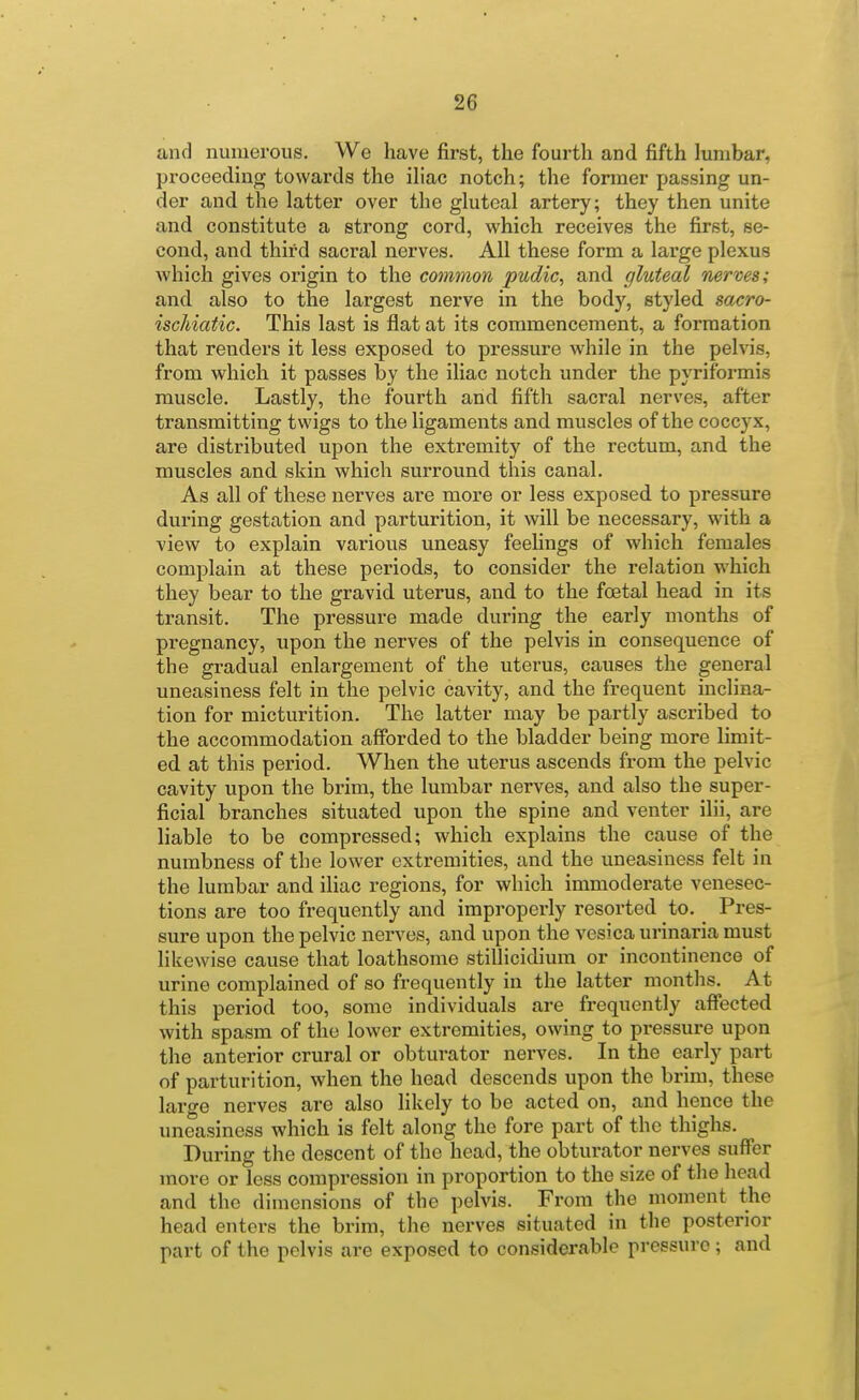 and numerous. We have first, the fourth and fifth lumbar, proceeding towards the iliac notch; the former passing un- der and the latter over the gluteal artery; they then unite and constitute a strong cord, which receives the first, se- cond, and third sacral nerves. All these form a large plexus which gives origin to the common pudic, and gluteal nerves; and also to the largest nerve in the body, styled sacro- ischiatic. This last is flat at its commencement, a formation that renders it less exposed to pressure while in the pelvis, from which it passes by the iliac notch under the pyriformis muscle. Lastly, the fourth and fifth sacral nerves, after transmitting twigs to the ligaments and muscles of the coccyx, are distributed upon the extremity of the rectum, and the muscles and skin which surround this canal. As all of these nerves are more or less exposed to pressure during gestation and parturition, it will be necessary, with a view to explain various uneasy feelings of which females complain at these periods, to consider the relation which they bear to the gravid uterus, and to the foetal head in its transit. The pressure made during the early months of pregnancy, upon the nerves of the pelvis in consequence of the gradual enlargement of the uterus, causes the general uneasiness felt in the pelvic cavity, and the frequent inclina- tion for micturition. The latter may be partly ascribed to the accommodation afforded to the bladder being more limit- ed at this period. When the uterus ascends from the pelvic cavity upon the brim, the lumbar nerves, and also the super- ficial branches situated upon the spine and venter ilii, are liable to be compressed; which explains the cause of the numbness of the lower extremities, and the uneasiness felt in the lumbar and iliac regions, for which immoderate venesec- tions are too frequently and improperly resorted to. Pres- sure upon the pelvic nerves, and upon the vesica urinaria must likewise cause that loathsome stillicidium or incontinence of urine complained of so frequently in the latter months. At this period too, some individuals are frequently affected with spasm of the lower extremities, owing to pressure upon the anterior crural or obturator nerves. In the early part of parturition, when the head descends upon the brim, these large nerves are also likely to be acted on, and hence the uneasiness which is felt along the fore part of the thighs. During the descent of the head, the obturator nerves suffer more or less compression in proportion to the size of the head and the dimensions of the pelvis. From the moment the head enters the brim, the nerves situated in the posterior part of the pelvis are exposed to considerable pressure; and