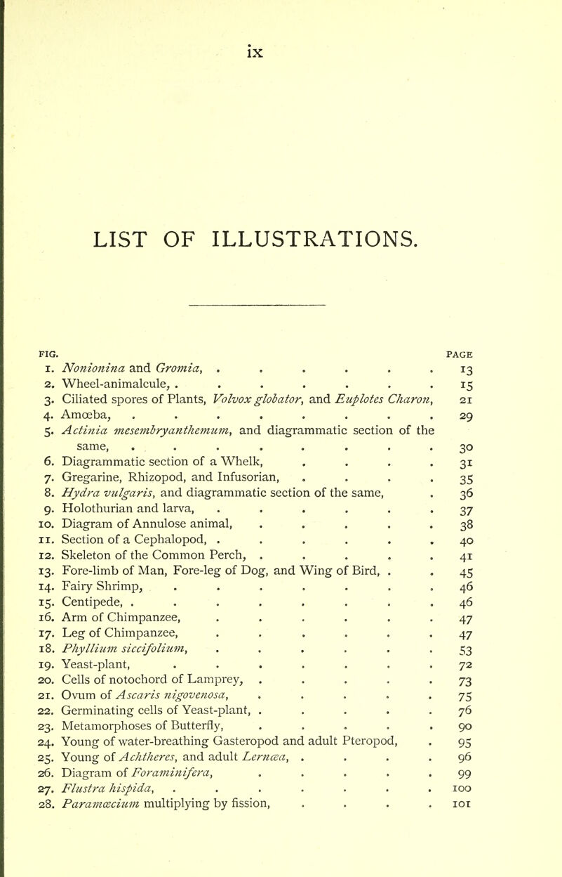 LIST OF ILLUSTRATIONS. FIG. PAGE 1. Nonionina and Gromia, ...... 13 2. Wheel-animalcule, ....... 15 3. Ciliated spores of Plants, Volvox globator, Sind Eiiplotes Charon, 21 4. Amoeba, ........ 29 5. Actinia mesembryanthe?mim, and diagrammatic section of the same, ........ 30 6. Diagrammatic section of a Whelk, . . . .31 7. Gregarine, Rhizopod, and Infusorian, . . , -35 8. Hydra vulgaris, and diagrammatic section of the same, . 36 9. Holothurian and larva, ...... 37 10. Diagram of Annulose animal, ..... 38 11. Section of a Cephalopod, ...... 40 12. Skeleton of the Common Perch, ..... 41 13. Fore-limb of Man, Fore-leg of Dog, and Wing of Bird, , . 45 14. Faiiy Shrimp, ....... 46 15. Centipede, ........ 46 16. Arm of Chimpanzee, ...... 47 17. Leg of Chimpanzee, ...... 47 18. Phyllium siccifolium, ...... 53 19. Yeast-plant, ....... 72 20. Cells of notochord of Lamprey, . . . . -73 21. 0\um oi Ascaris 7iigove?io5a, . . . . '75 22. Germinating cells of Yeast-plant, . . . . .76 23. Metamorphoses of Butterfly, . . . . .90 24. Young of water-breathing Gasteropod and adult Pteropod, . 95 25. Young of Achtheres, and adult Lerncsa, . . . .96 26. Diagram of Foraminifera, ..... 99 27. Flustra hispida, ....... 100 28. Paramcecium multiplying by fission, .... iot