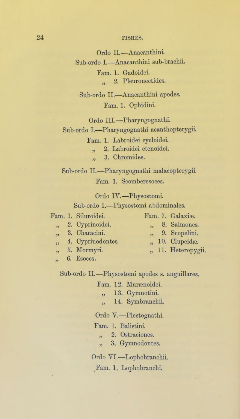 Ordo II.—Anacanthini. Sub-orclo I.—Anacanthini sub-bracliii. Fam. 1. Gadoidei. „ 2. Pleuronectides. Sub-ordo II.—Anacanthini apodes. Fam. 1. Ophidini. Ordo III.—Pliaryngognathi. Sub-ordo I.—Pliaryngognathi acanthopterygii. Fam. 1. Labroidei cycloidei. „ 2. Labroidei ctenoidei. „ 3. Chromides. Sub-ordo II.—Pliaryngognathi malacopterygii. Fam. 1. Scomberesoces. Ordo IY.—Pliysostomi. Sub-ordo I.—Physostomi abdominales. Fam. 1. Siluroidei. Fam. 7. Galaxise. „ 2. Cyprinoidei. „ 8. Salmones. „ 3. Characini. „ 9. Scopelini. „ 4. Cyprinodontes. „ 10. Clupeidae. „ 5- „ 6. Mormyri. Esoces. „ 11. Heteropygii. Sub-ordo II.—Physostomi apodes s. anguillares. Fam. 12. Muraenoidei. „ 13. Gymnotini. „ 14. Symbranchii. Ordo Y.—Plectognatlii. Fam. 1. Balistini. „ 2. Ostraciones. „ 3. Gymnodontes. Ordo YI.—Lophobranchii. Fam. 1. Lophobranchi.