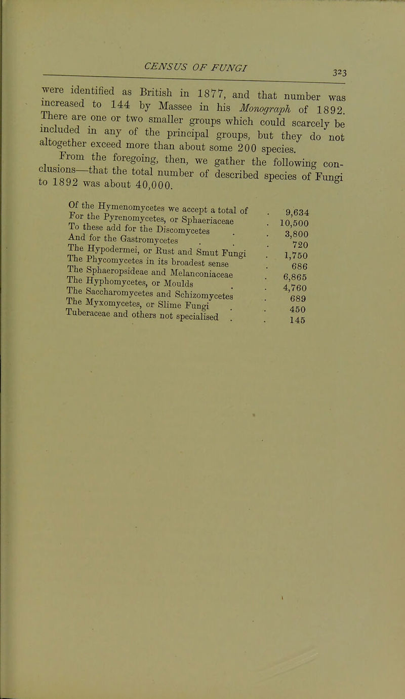 323 were identified as British in 1877, and that number was increased to 144 by Masses in his Monograph of 1892 Ihere are one or two smaller groups which could scarcely be included m any of the principal groups, but they do not altogether exceed more than about some 200 species From the foregoing, then, we gather the following con- ™9 ^^^^ ^^^^^ibed species of Fungi to 1892 was about 40,000. Of the Hymenomycetes we accept a total of -b or the Pyrenomycetes, or Sphaeriaceae io these add for the Discomycetes And for the Gastromycetes 5^P0<^ermei, or Eust and Smut Fungi Ihe Phycomycetes in its broadest sense The Sphaeropsideae and Melanconiaceae The Hyphomycetes, or Moulds The Saccharomycetes and Schizomycetes The Myxomycetes, or Slime Fungi Tuberaceae and others not specialised 9,634 10,500 3,800 720 1,750 686 6,865 4,760 689 450 145