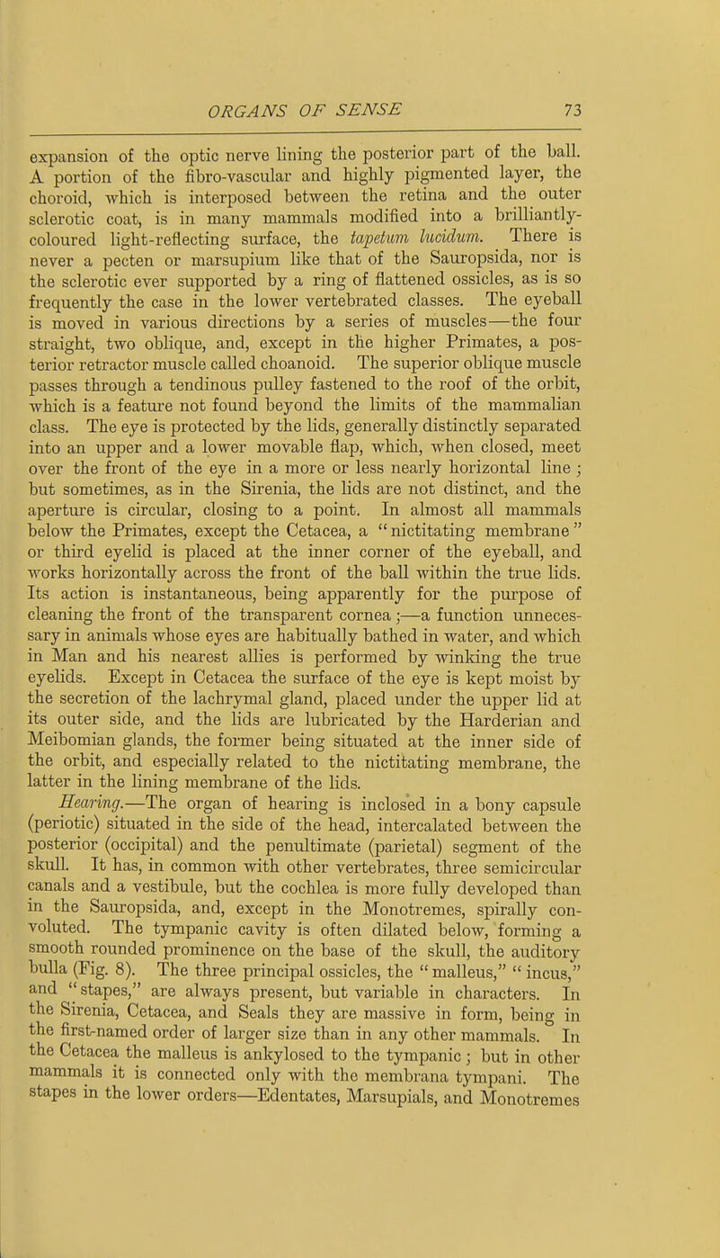 expansion of the optic nerve lining the posterior part of the hall. A portion of the fibro-vascular and highly pigmented layer, the choroid, which is interposed between the retina and the outer sclerotic coat, is in many mammals modified into a brilliantly- coloured light-reflecting surface, the tapehm lucidum. There is never a pecten or marsupium like that of the Sauropsida, nor is the sclerotic ever supported by a ring of flattened ossicles, as is so frequently the case in the lower vertebrated classes. The eyeball is moved in various directions by a series of muscles—the four straight, two oblique, and, except in the higher Primates, a pos- terior retractor muscle called choanoid. The superior oblique muscle passes through a tendinous pulley fastened to the roof of the orbit, which is a feature not found beyond the limits of the mammalian class. The eye is protected by the lids, generally distinctly separated into an upper and a lower movable flap, which, when closed, meet over the front of the eye in a more or less nearly horizontal line ; but sometimes, as in the Sirenia, the lids are not distinct, and the aperture is circular, closing to a point. In almost all mammals below the Primates, except the Cetacea, a nictitating membrane or third eyelid is placed at the inner corner of the eyeball, and works horizontally across the front of the ball within the true lids. Its action is instantaneous, being apparently for the purpose of cleaning the front of the transparent cornea;—a function unneces- sary in animals whose eyes are habitually bathed in water, and which in Man and his nearest allies is performed by winking the true eyelids. Except in Cetacea the surface of the eye is kept moist by the secretion of the lachrymal gland, placed under the upper lid at its outer side, and the lids are lubricated by the Harderian and Meibomian glands, the former being situated at the inner side of the orbit, and especially related to the nictitating membrane, the latter in the lining membrane of the lids. Hearing.—The organ of hearing is inclosed in a bony capsule (periotic) situated in the side of the head, intercalated between the posterior (occipital) and the penrdtimate (parietal) segment of the skrdl. It has, in common with other vertebrates, three semicircular canals and a vestibule, but the cochlea is more fully developed than in the Sauropsida, and, except in the Monotremes, spirally con- voluted. The tympanic cavity is often dilated below, forming a smooth rounded prominence on the base of the skull, the auditory bulla (Fig. 8). The three principal ossicles, the  malleus,  incus, and stapes, are always present, but variable in characters. In the Sirenia, Cetacea, and Seals they are massive in form, being in the first^named order of larger size than in any other mammals. In the Cetacea the malleus is ankylosed to the tympanic; but in other mammals it is connected only with the membrana tympani. The stapes in the lower orders—Edentates, Marsupials, and Monotremes