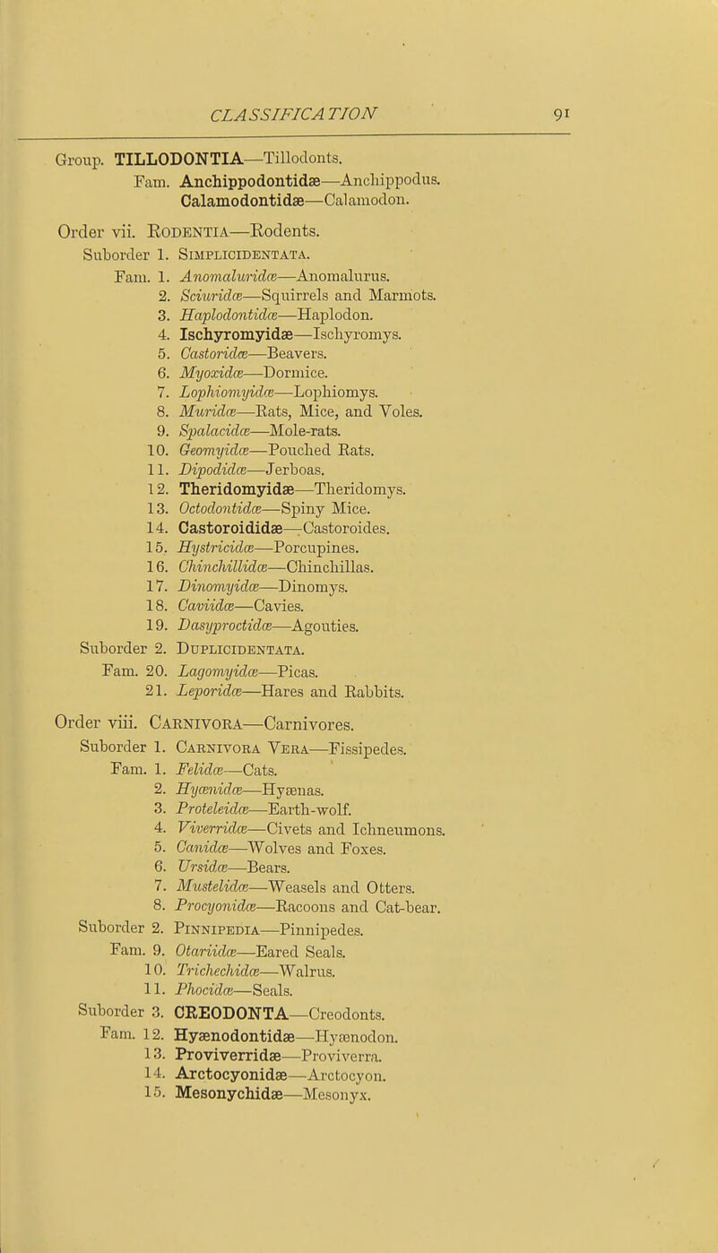 Group. TILLODONTIA—Tillodonts. Fam. Anchippodontidse—Ancliippodus. Calamodontidse—Calamodon. Order vii. Eodentia—Rodents. Suborder 1. Simplicidentata. Fam. 1. Anomaluridce—Anomalurus. 2. Scmridce—Squirrels and Marmots. 3. Haplodontidce—Haplodon. 4. Ischyromyidae—Ischyromys. 5. Castoridee—Beavers. 6. Myoxidce—Dormice. 7. Lophiomyidw—^Loplaiomys. 8. Muridce—Rats, Mice, and Voles. 9. Spalacidce—Mole-rats. 10. GeomyidcB—Pouched Eats. 11. Bipodidce—Jerboas. 12. Theridomyidse—Tlieridomys. 13. Octodontidce—Spiny Mice. 14. Castoroididse—Castoroides. 15. Hystricidce—Porcupines. 16. Chinchillidce—Chinchillas. 17. Dinomyidw—Dinomys. 18. CaviidcB—Cavies. 19. DasyprodidcB—Agouties. Suborder 2. Ddplicidentata. Fam. 20. Lagomyidce—Picas. 21. Leporidce—Hares and Eabbits. Order viii. Carnivora—Carnivores. Suborder 1. Carnivora Vera—Fissipedes. Fam. 1. Felidce—Cats. 2. HycenidcB—Hyaenas. 3. Proteleidce—Earth-wolf. 4. Viverridm—Civets and Ichneumons. 5. Canidce—Wolves and Foxes. 6. Ursidce—Bears. 7. MustelidcR—Weasels and Otters. 8. Procyonidce—Racoons and Cat-bear. Suborder 2. Pinnipedia—Pinnipedes. Fam. 9. Otariidce—Eared Seals. 10. TrichechidcB—Walrus. 11. PJiocidce—Seals. Suborder 3. CREODONTA—Creodonts. Fam. 12. Hysenodontidse—Hyasnodon. 13. Proviverridse—Proviverra. 14. Arctocyonidse—Arctocyon. 15. Mesonychidse—Mesonyx.