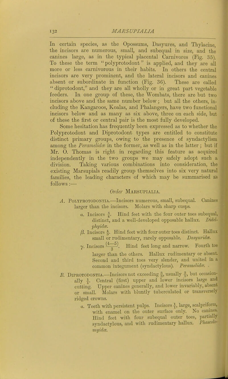 In certain species, as the Opossums, Dasyures, and Thylacine, the incisors are numerous, small, and subequal in size, and the canines large, as in the typical placental Carnivores (Fig. 35). To these the term  polyprotodont is applied, and they are all more or less carnivorous in their habits. In others the central incisors are very prominent, and the lateral incisors and canines absent or subordinate in function (Fig. 36). These are called  diprotodont, and they are all wholly or in great part vegetable feeders. In one group of these, the Wombats, there are but two incisors above and the same number below; but all the others, in- cluding the Kangaroos, Koalas, and Phalangers, have two functional incisors below and as many as six above, three on each side, but of these the first or central pair is the most fully developed. Some hesitation has frequently been expressed as to whether the Polyprotodont and Diprotodont types are entitled to constitute distinct primary groups, owing to the presence of syndactylism among the Peramelidce in the former, as well as in the latter; but if Mr. 0. Thomas is right in regarding this feature as acquired independently in the two groups we may safely adopt such a division. Taking various combinations into consideration, the existing Marsupials readily group themselves into six very natural families, the leading characters of which may be summarised as follows:— Order Marsupialia. A. PoLYPROTODONTiA.—Incisors numerous, small, subequaL Canines larger than the incisors. Molars with sharp cusps. a. Incisors Hind feet with the four outer toes subequal, distinct, and a well-develoijed opposable haUux. DM- 'phyidce. fS. Incisors -1. Hind feet with four outer toes distinct. HaUux small or rudimentary, rarely opposable. Dcisyuridw. y. Incisors Hind feet long and narrow. Fourth toe larger than the others. Hallux rudimentary or absent Second and third toes very slender, and united in a common integument (syndactylous). Perainelida:, . B. DiPROTODONTiA.—Incisors not exceeding |, usually f, but occasion- ally \. Central (first) upper and lower incisors lai^e and cutting. Upper canines generally, and lower invariably, absent or small. Molars with bluntly tuberculated or transversely ridged crowns. a. Teeth with persistent pulps. Incisors 1, large, scalpriforni, with enamel on the outer surfi\ce only. No canines. Hind feet with four subequal outer toes, partially syndactylous, and with rudimentary hallux. Phascoh- myidce.